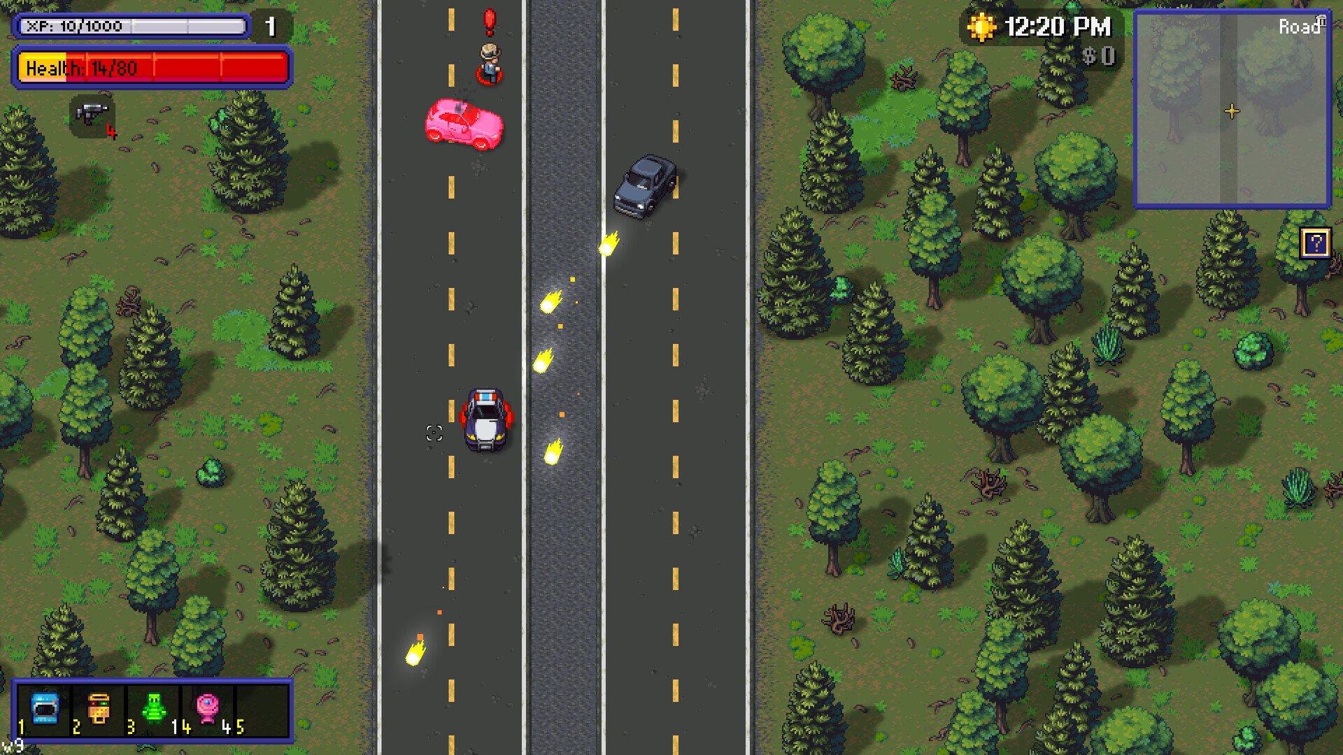 A police car pursues traffic down a divided highway in Streets of Rogue 2, exchanging gunfire with a pink sports car and a pickup, with the player health bar reading 14 of 80, a clock showing 12:20 PM and a minimap labelled Road