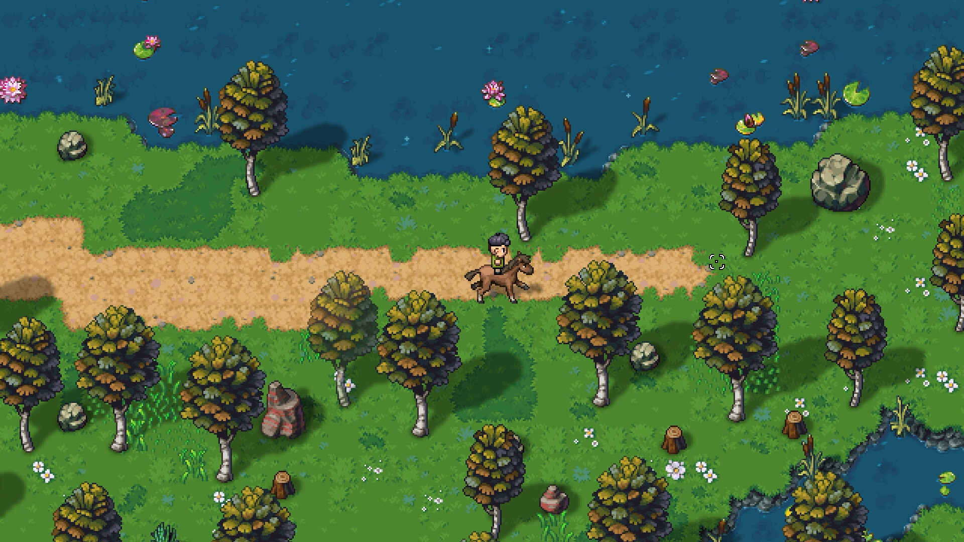 A player character rides a brown horse along a dirt path between a forest and a lake in Streets of Rogue 2