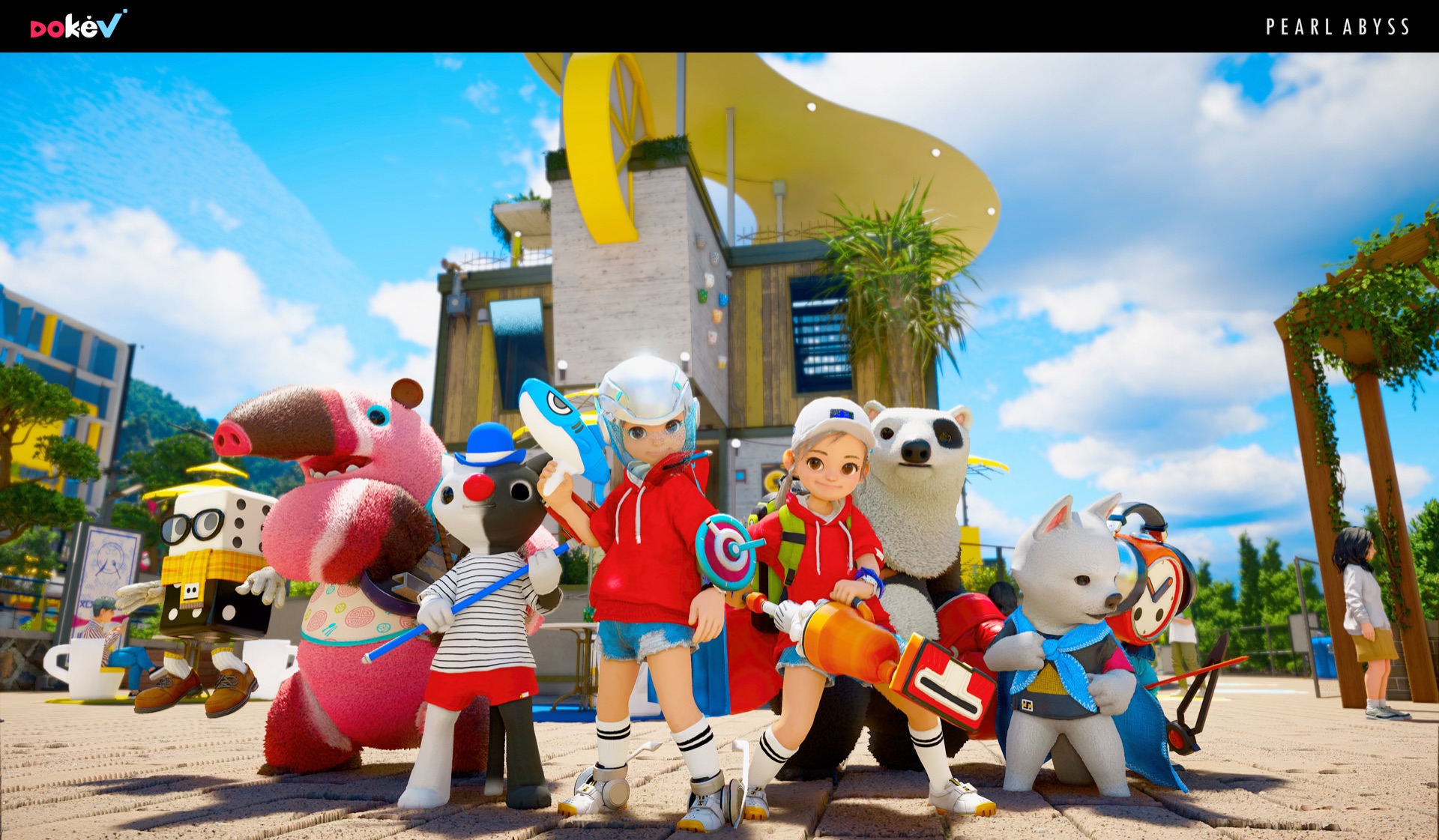 Official DokeV screenshot of a group of characters and their Dokebi gathered outside a modern building