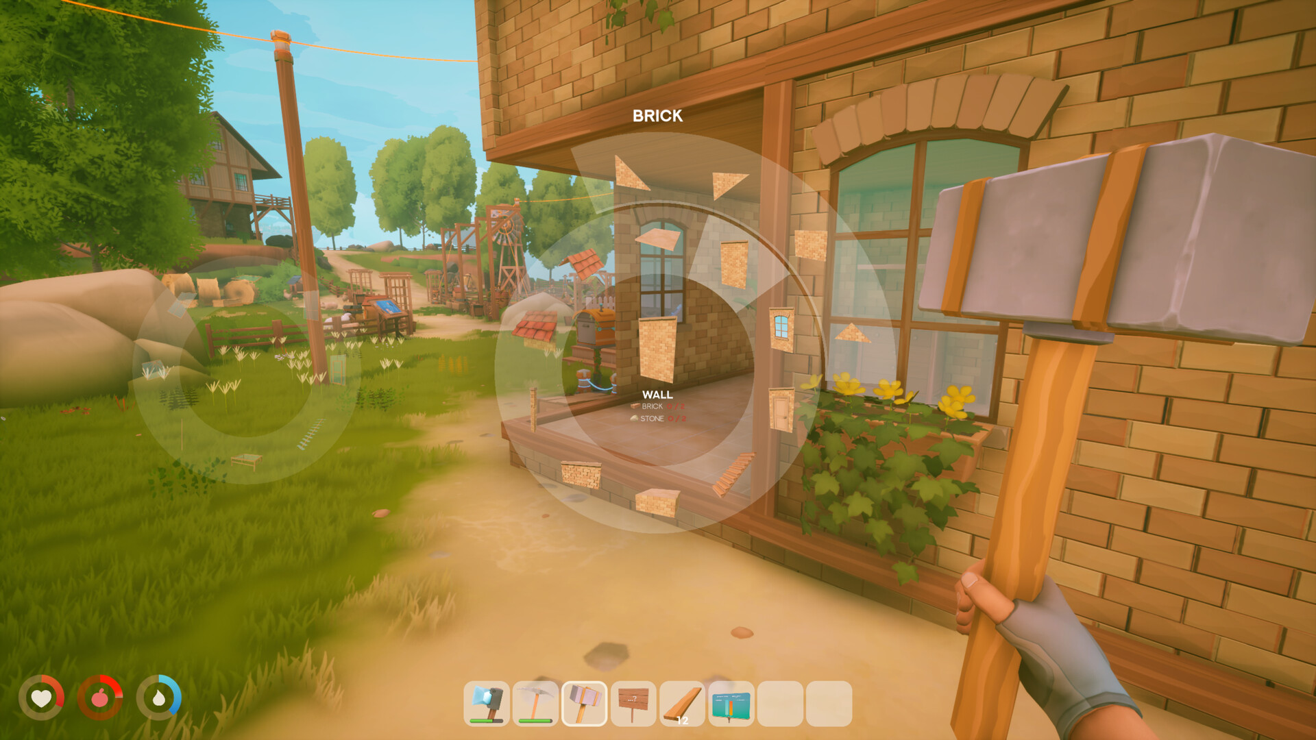 The radial build menu open on the brick category in Solarpunk, with the wall piece selected and its brick and stone cost listed, outside a brick house strung with overhead cables