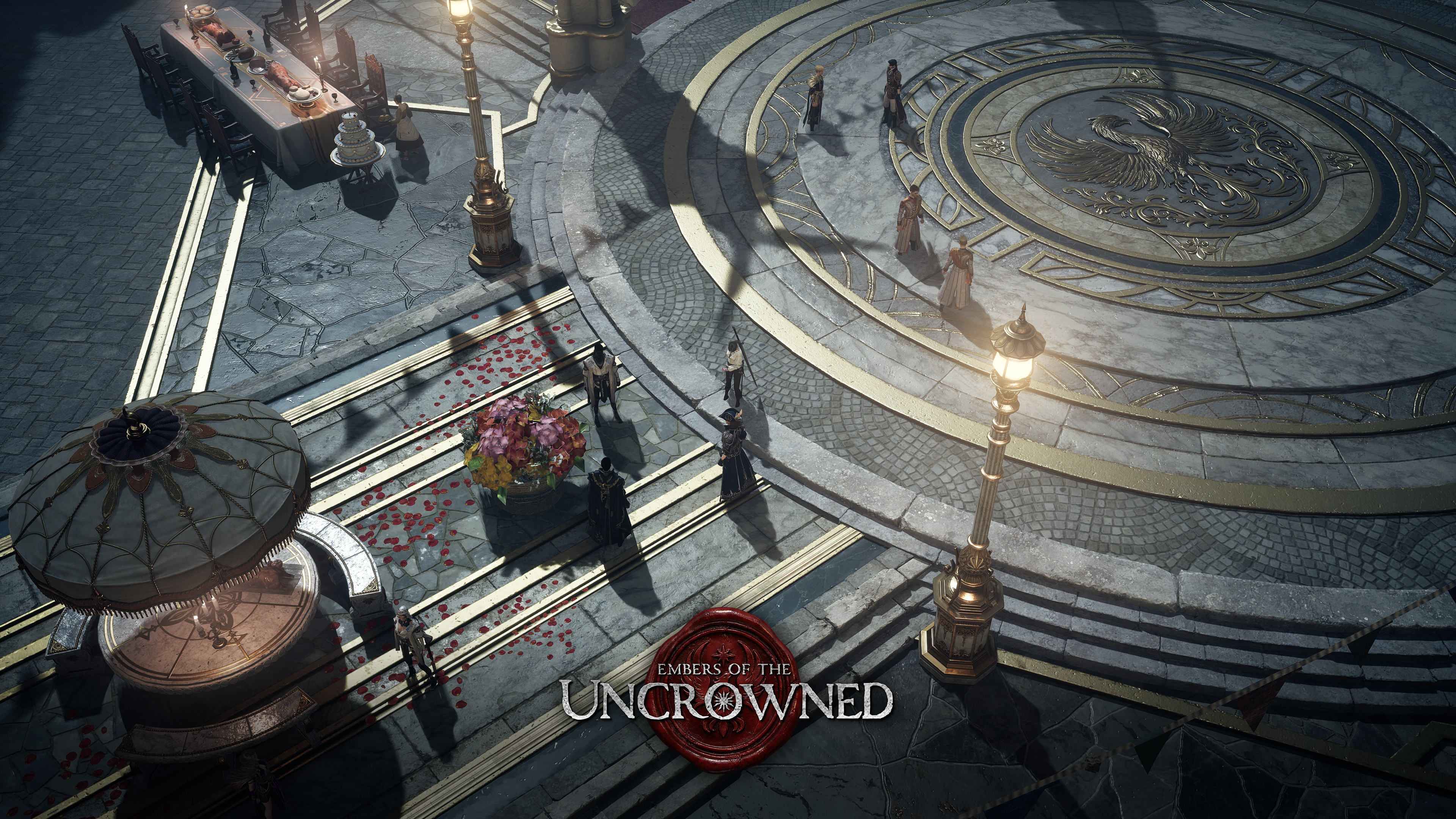 Settlement plaza scene - villagers gather around a flower cart in a stone courtyard with lanterns and a phoenix emblem