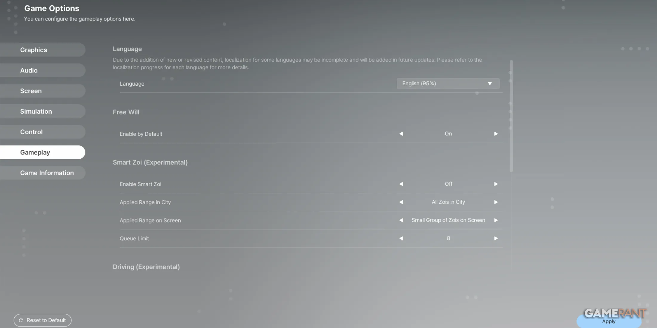 inZOI gameplay settings panel with free will and autonomy options enabled