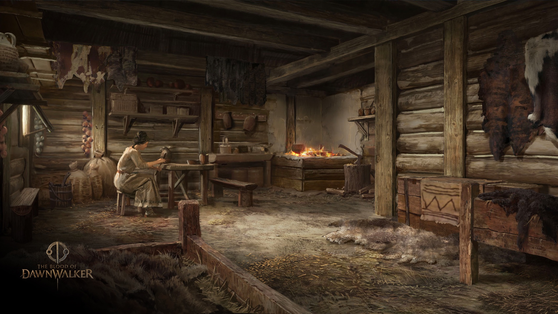 Concept art of a timber cottage interior in Laslea, a woman working at a table beside the hearth among hanging furs and stores