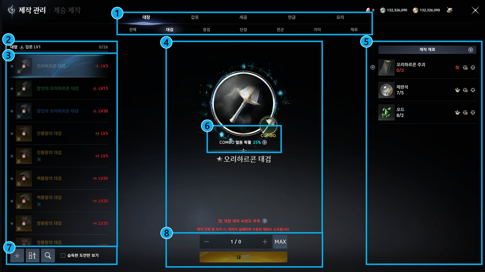 The crafting management window on the Blacksmithing tab, with an Orichalcum Greatsword recipe, combo chance and materials, in Korean