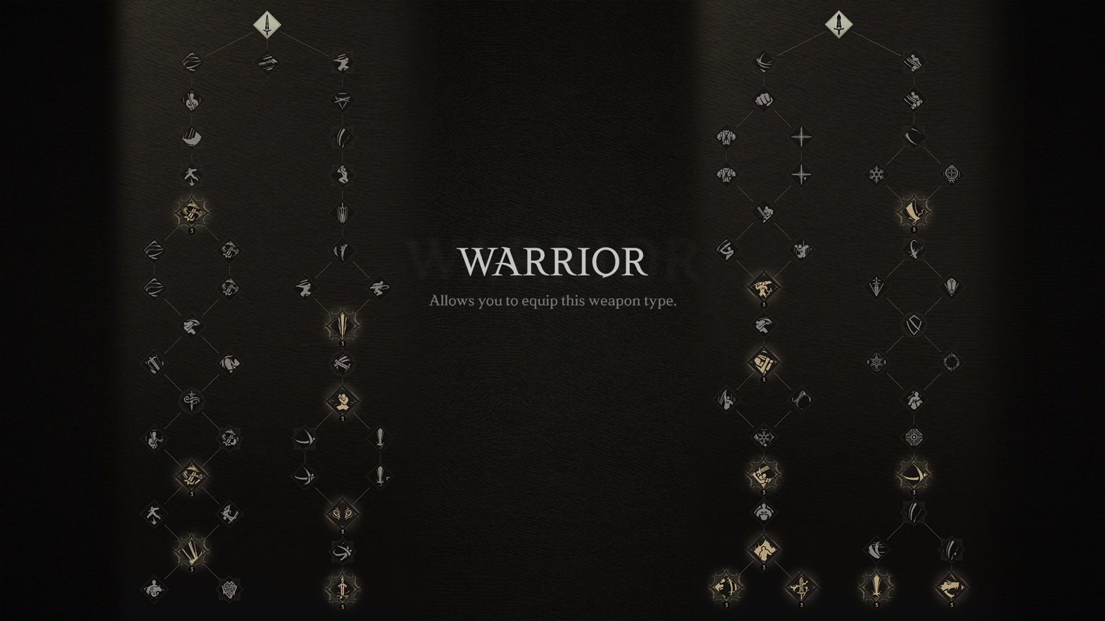 The Warrior trait screen in ArcheAge Chronicles, with branching trees of skill and stat nodes for two weapons on either side of the class name
