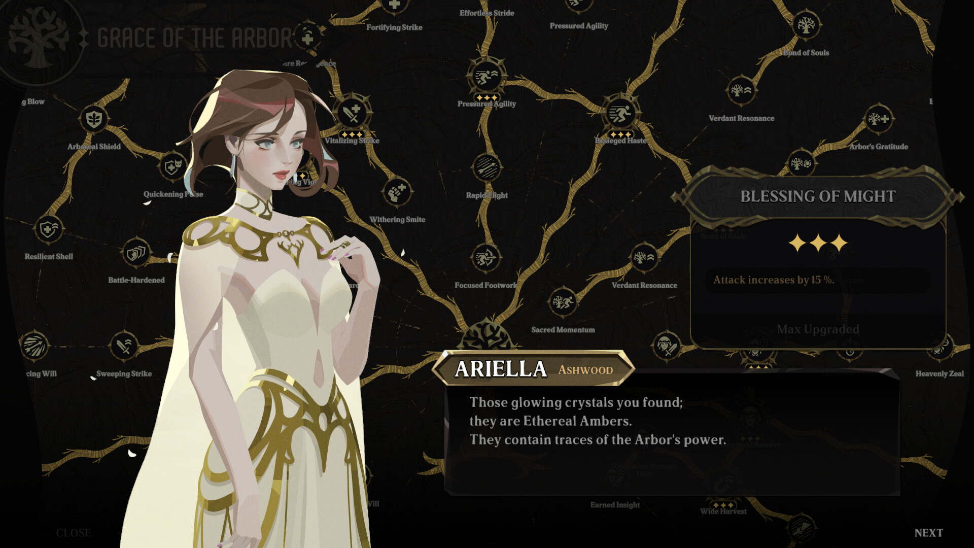 Ember and Blade Grace of the Arbor node tree with Ariella Ashwood explaining Ethereal Ambers, and a three-star Blessing of Might node