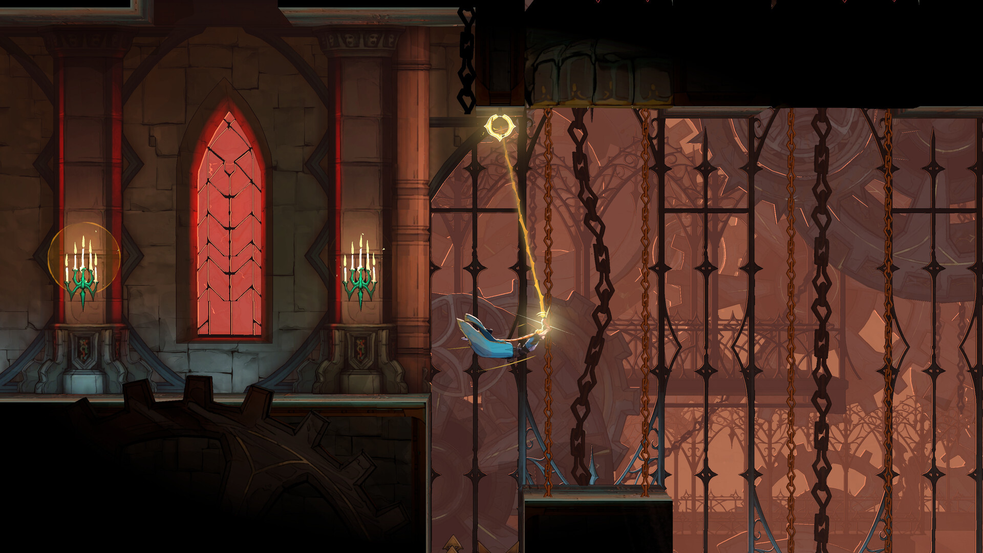 Rose Belmont swings across a chained Gothic interior on a glowing whip line, with red stained glass and candelabra behind her