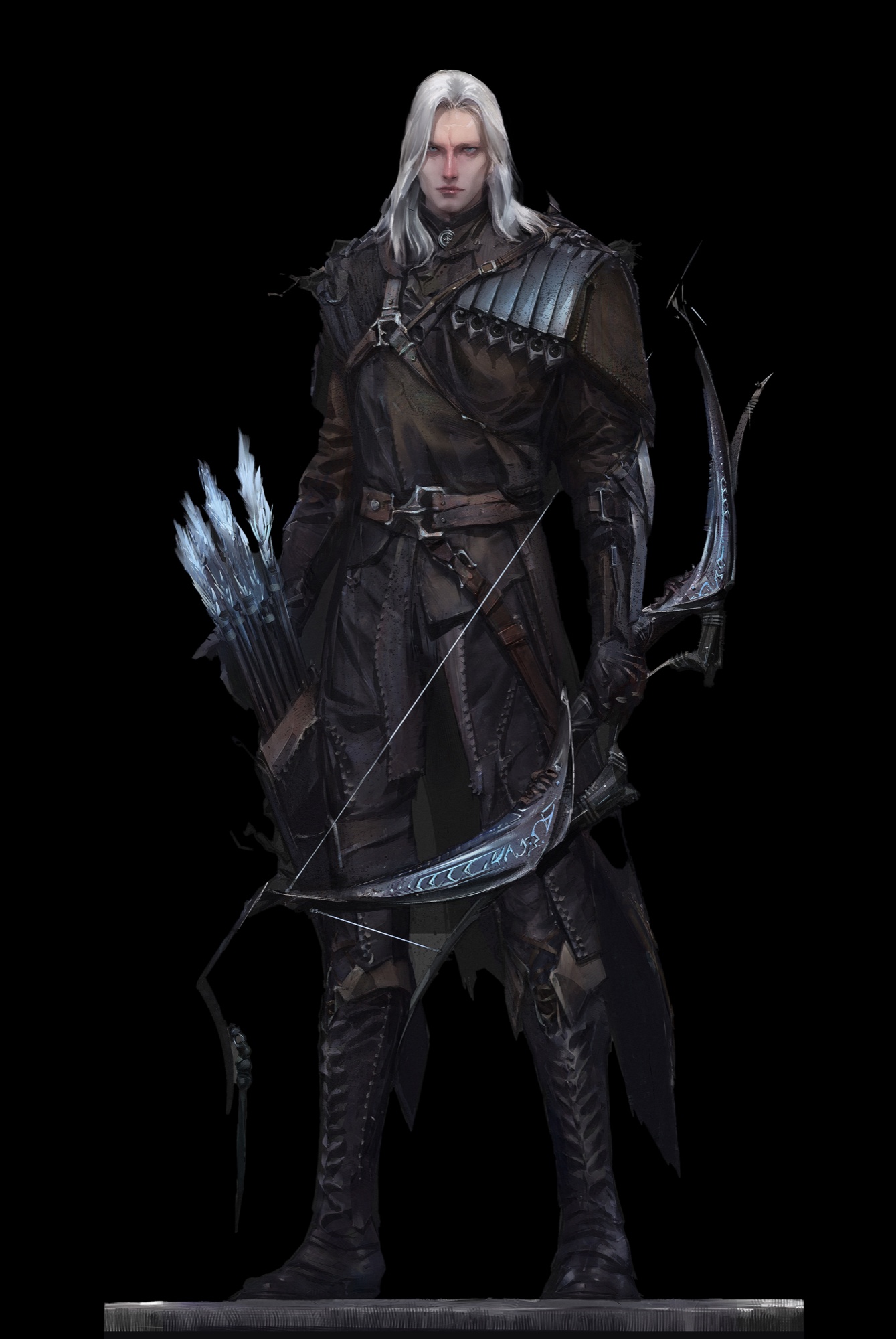 Male Nightstalker concept art for Embers of the Uncrowned: silver-haired hunter in dark leather with a quiver of frost-crystal arrows and a rune-marked longbow