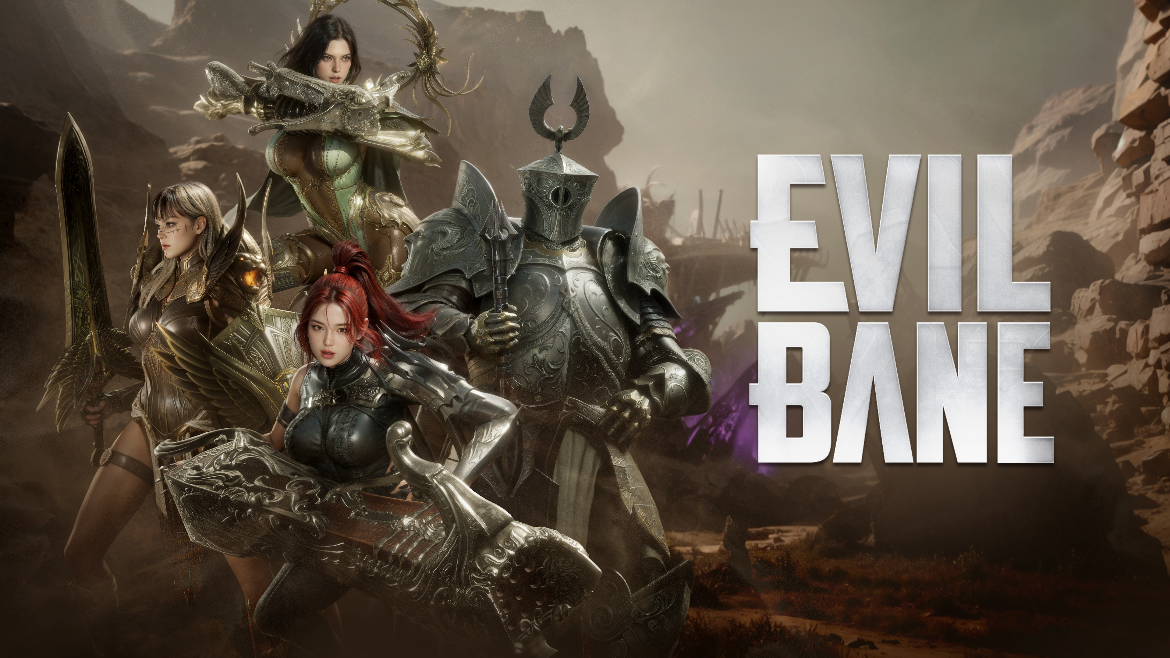Official EVILBANE key art showing four armoured warriors on a ruined dark fantasy battlefield