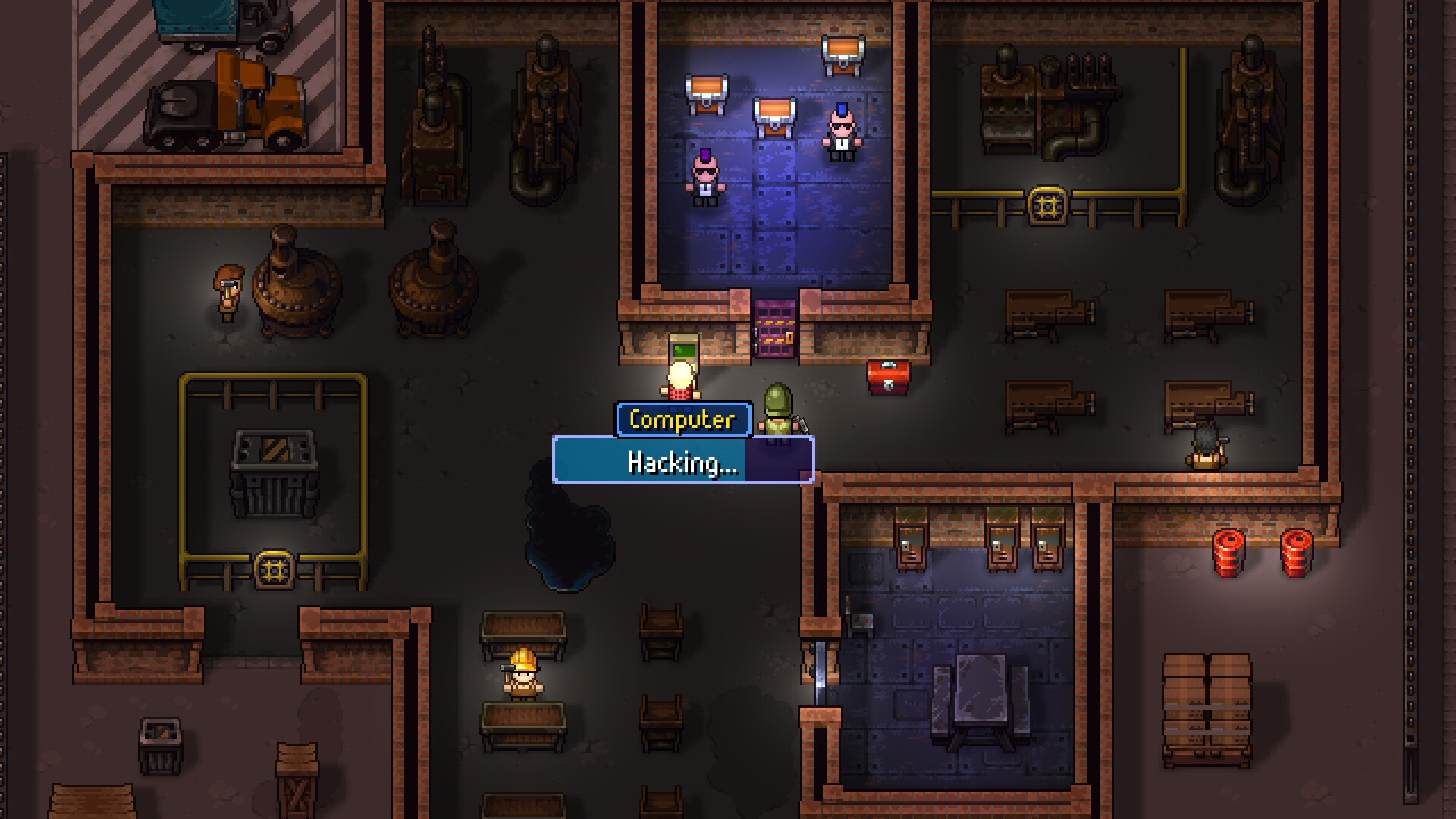 A factory interior in Streets of Rogue 2 with brick walls, heavy machinery, workbenches and a loading bay, where the player stands at a Computer showing a Hacking progress bar beside an armed guard, with a vault-like room of treasure chests behind a security door