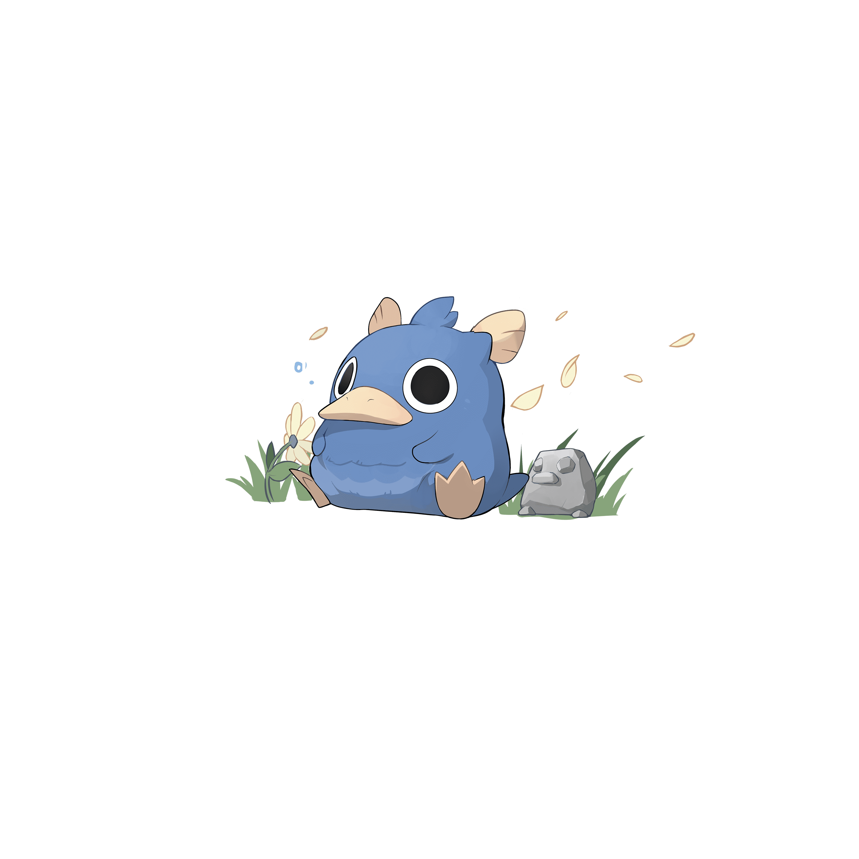 Bluda, a small round blue bird Kibo sitting in the grass