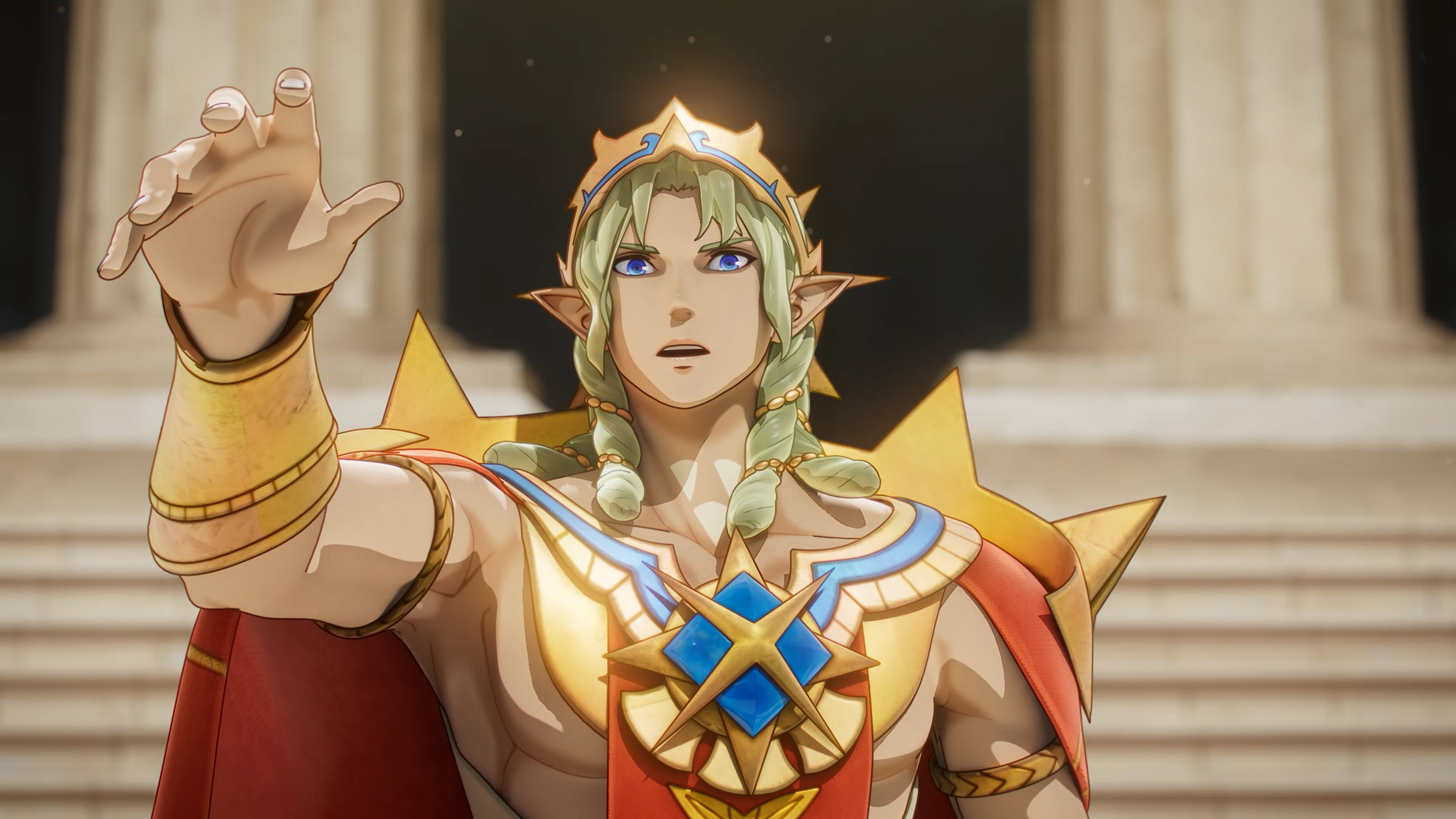A green-haired figure in gold sunburst regalia and a red cape reaching out before a marble colonnade in Fire Emblem: Fortune's Weave