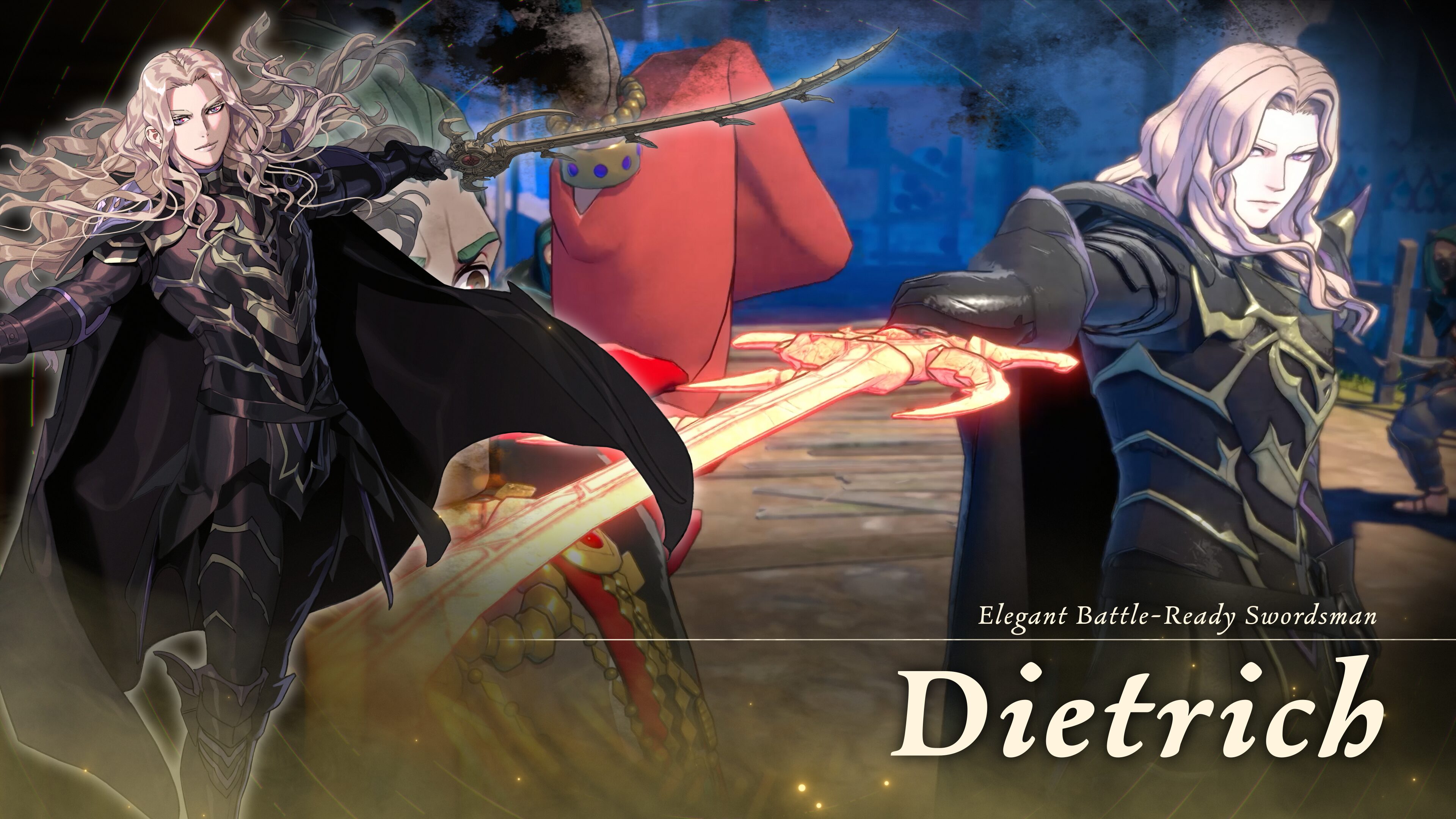 Character introduction card for Dietrich, the elegant battle-ready swordsman, with full-body art and a close-up