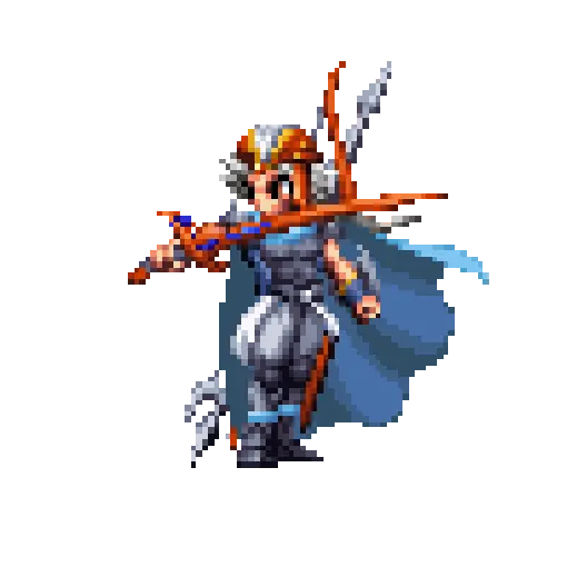 Pixel-art sprite of Firion in a blue cape, carrying several weapons, as he appears in the Vision roster