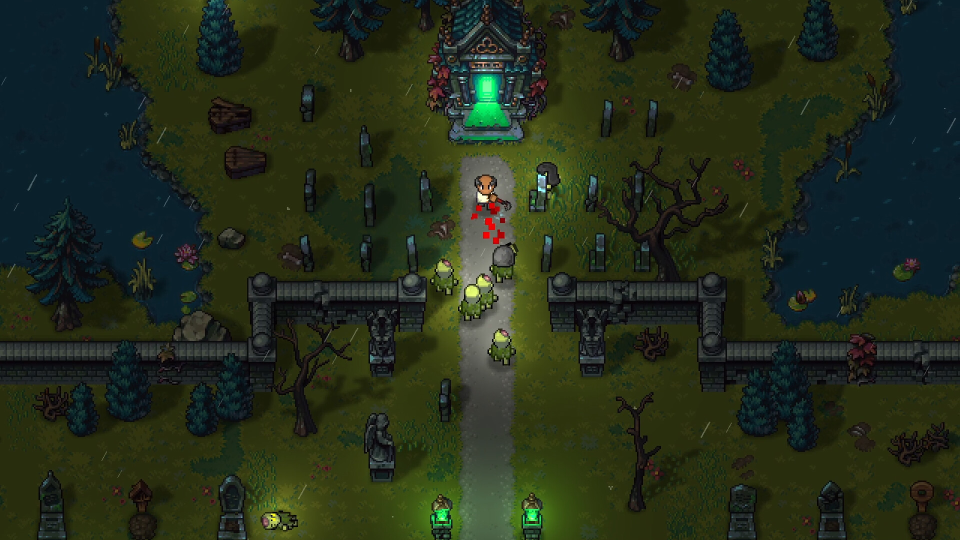 A graveyard in the rain at night in Streets of Rogue 2, with rows of headstones, an angel statue, bare trees, loose coffins and an ornate mausoleum glowing green at the end of the path, where a character with a bloodied weapon faces four small green creatures advancing up the walkway
