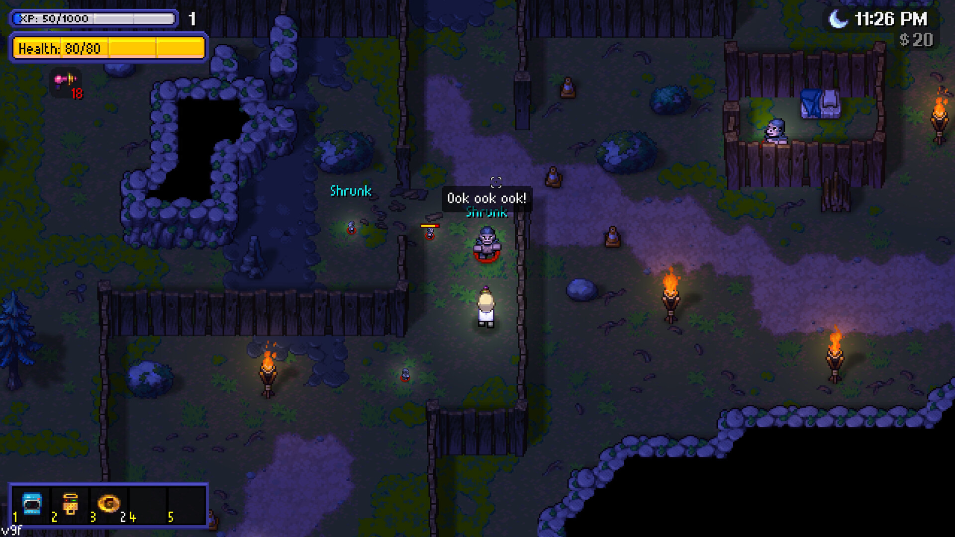 A night encounter at a torch-lit wooden palisade camp in Streets of Rogue 2, where a gorilla NPC labelled Shrunk says "Ook ook ook!", with more gorillas behind the fence, a clock reading 11:26 PM and a money counter showing 20 dollars