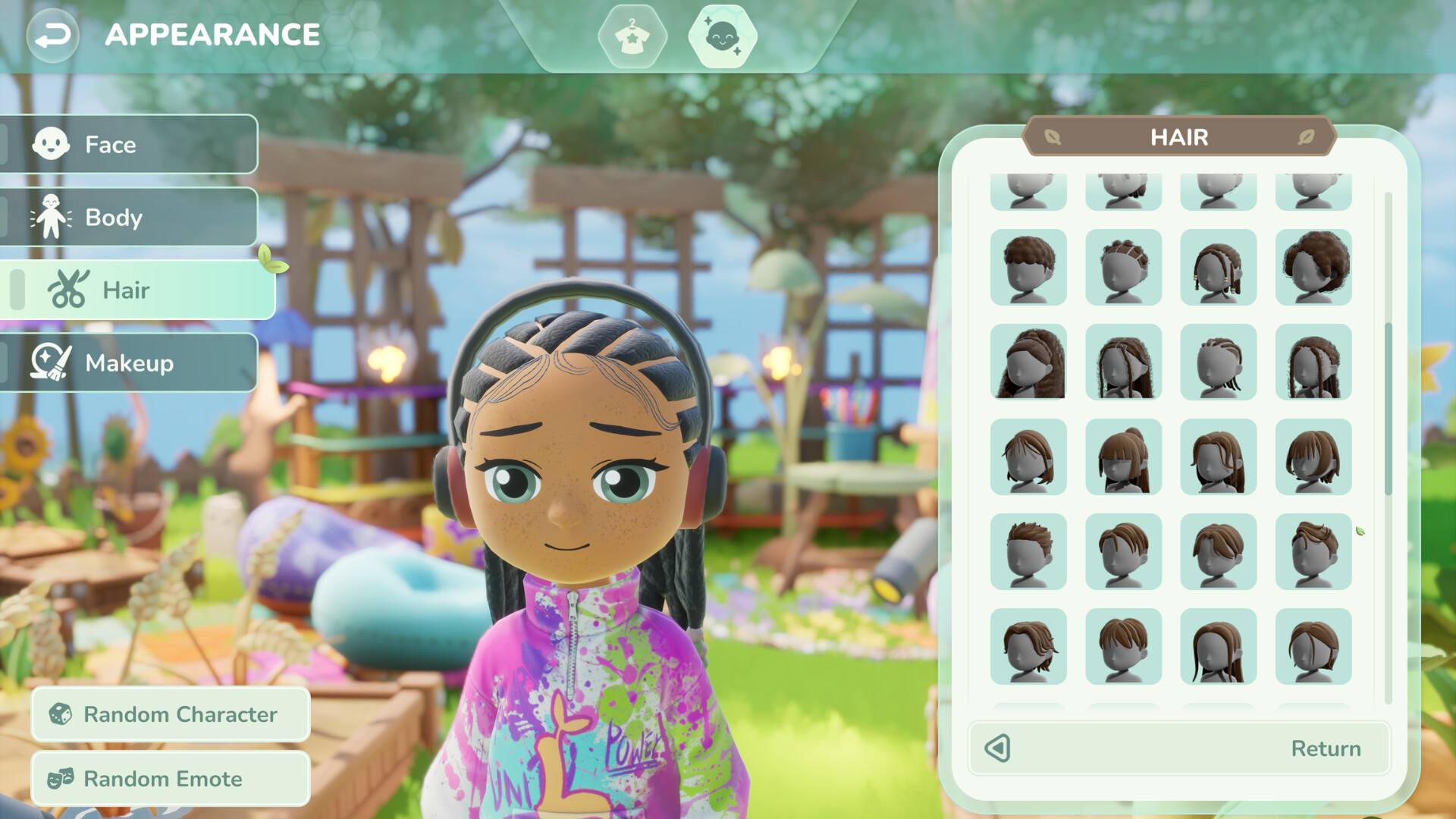 Loftia appearance editor showing hairstyle choices.