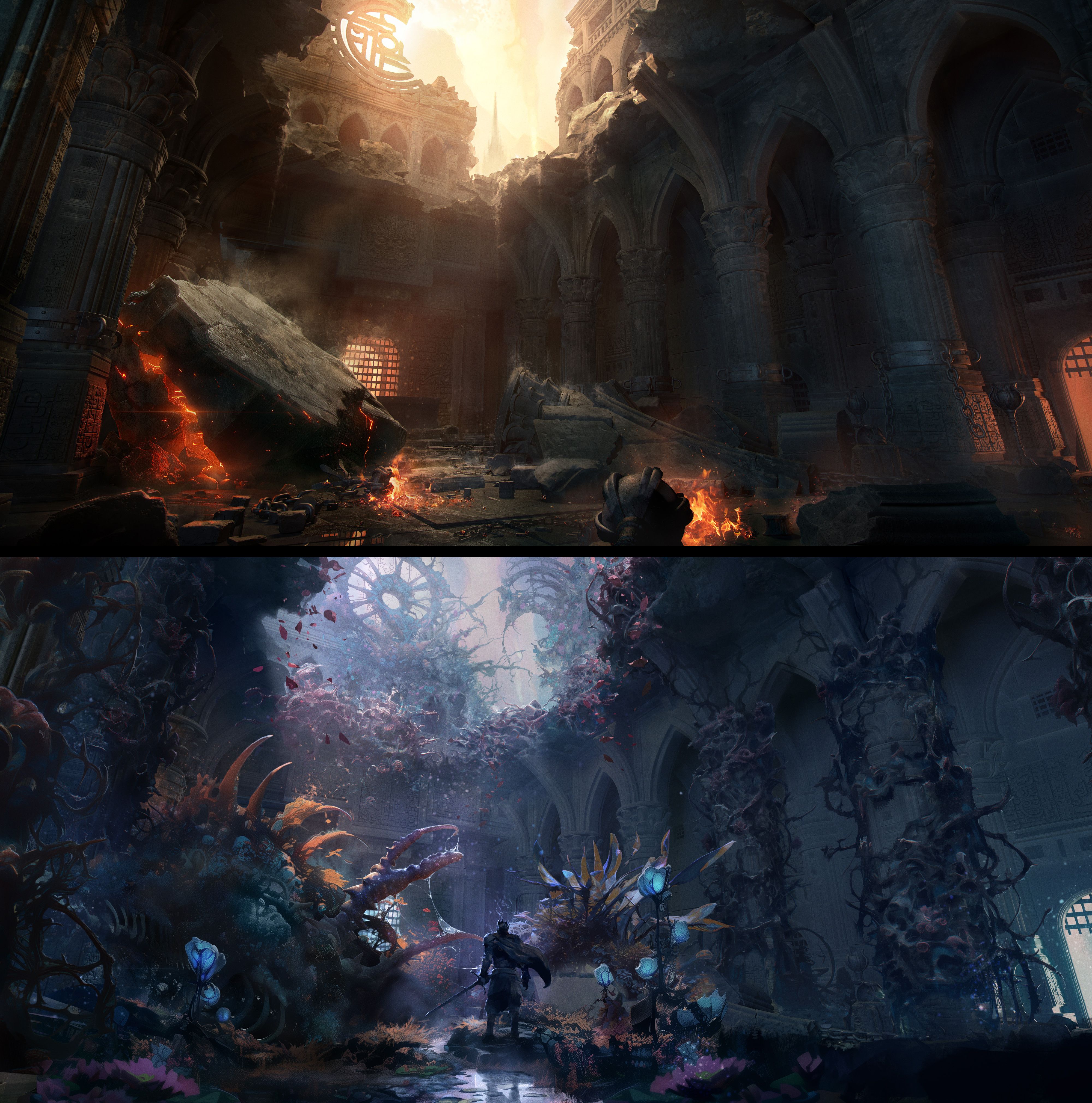 The same ruined gothic hall shown in both realms: above, sunlit stone with fallen masonry and burning debris in Axiom; below, the identical arches and columns overgrown with pale flesh-like growths, thorned vines and glowing blue and pink blooms in Umbral, with a lone armoured figure standing among them.