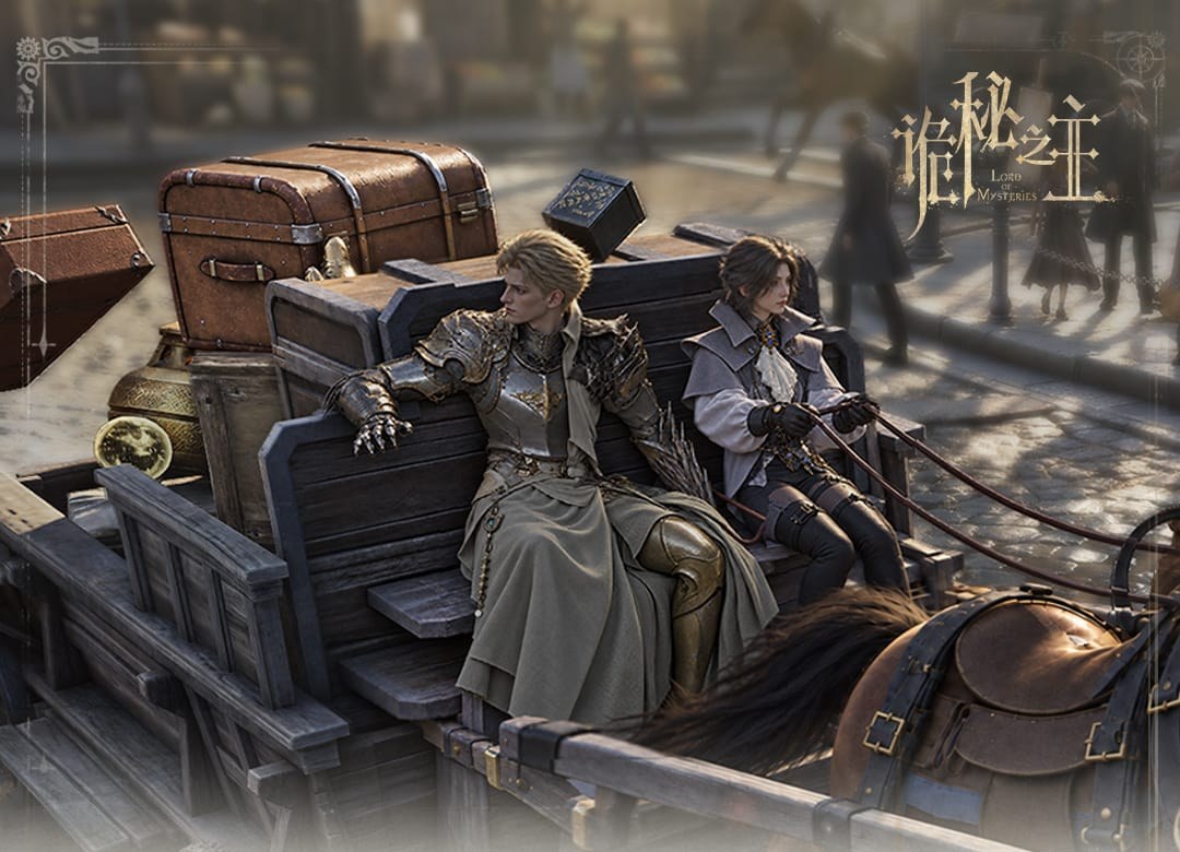 Trade War key art for Lord of Mysteries: two Beyonders ride a horse drawn cargo wagon piled with trunks and crates down a cobbled city street