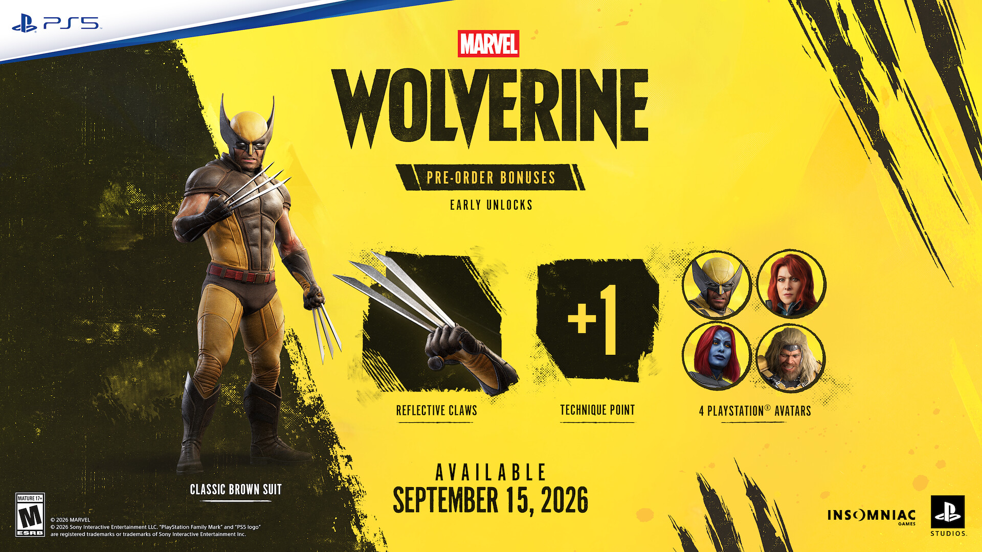 Pre-order bonuses board showing a full-body render of the Classic Brown Suit, the Reflective Claws, a plus one Technique Point badge and four avatar roundels