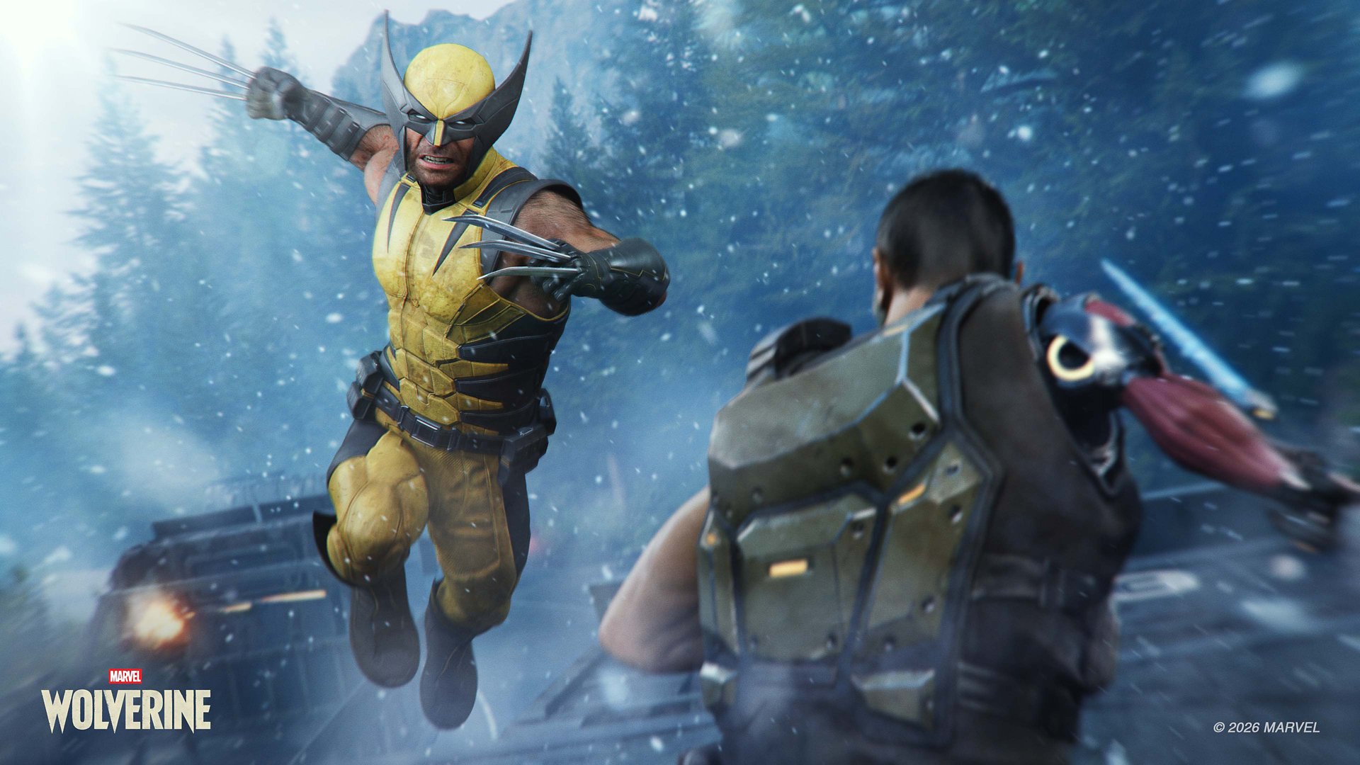 Wolverine leaps claws-first at an armed enemy during the snowbound highway set piece in the Canadian wilderness