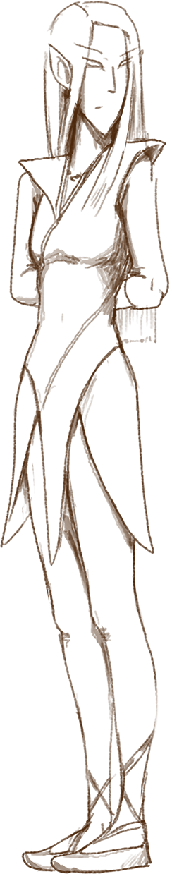 Concept sketch of a tall slender High Elf woman in a flowing layered gown
