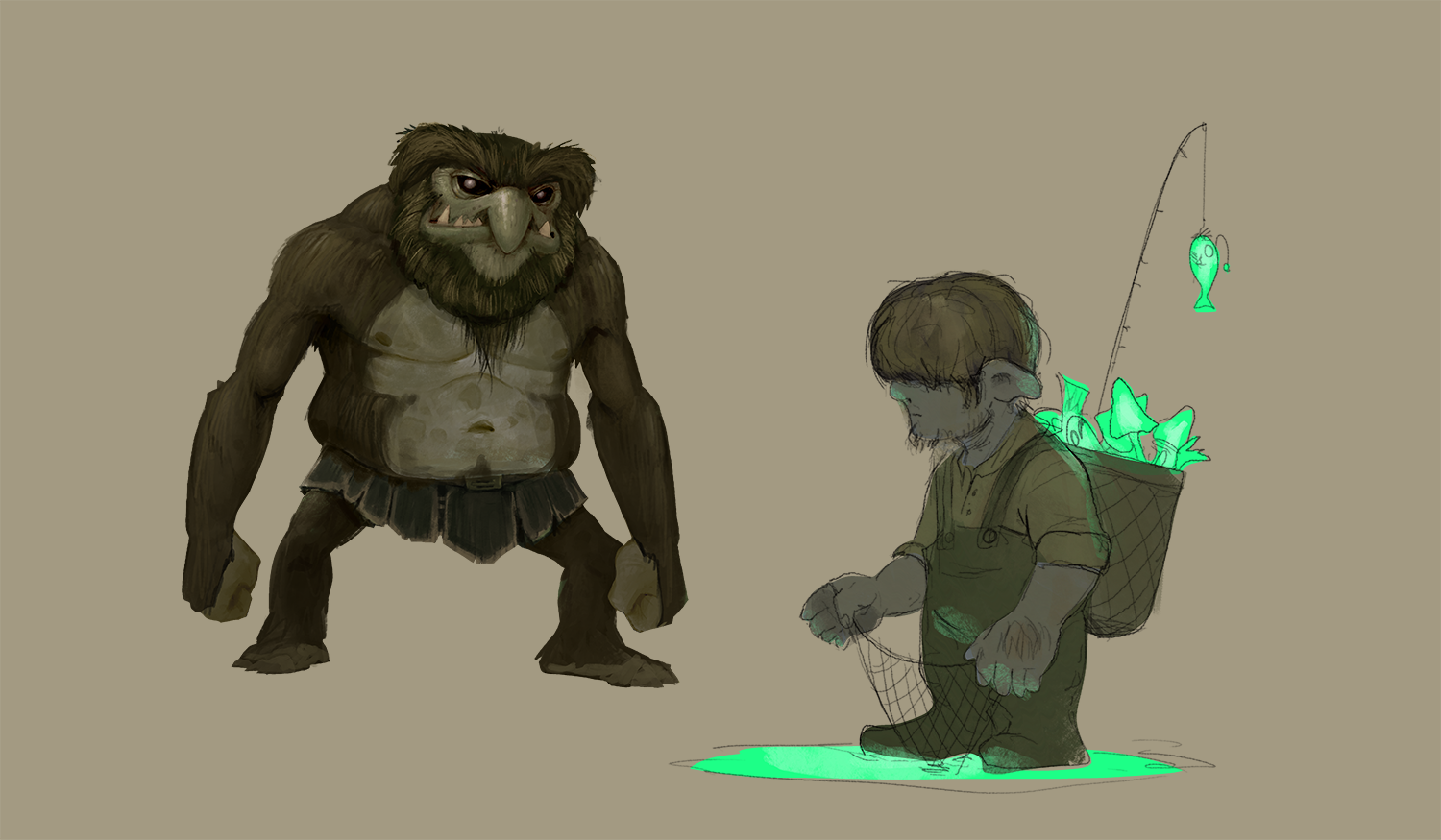 Concept art of two playable characters, a large brutish figure and a small figure carrying a glowing catch in a net