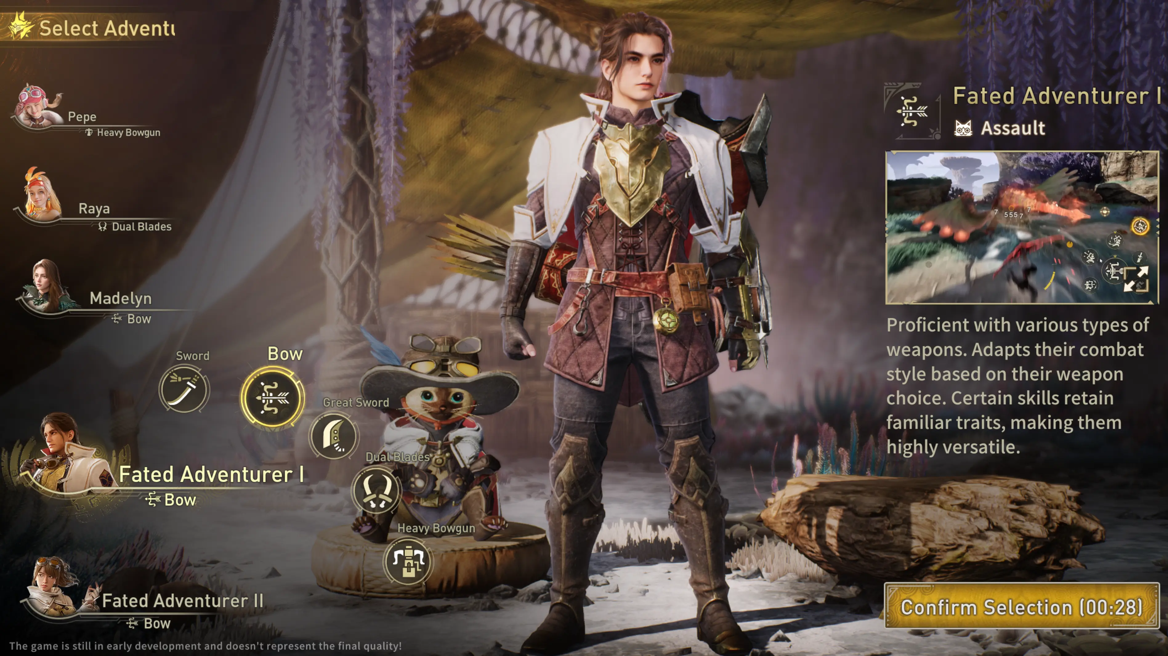 Early development character selection screen showing the Fated Adventurer, an Assault class protagonist described as proficient with various types of weapons