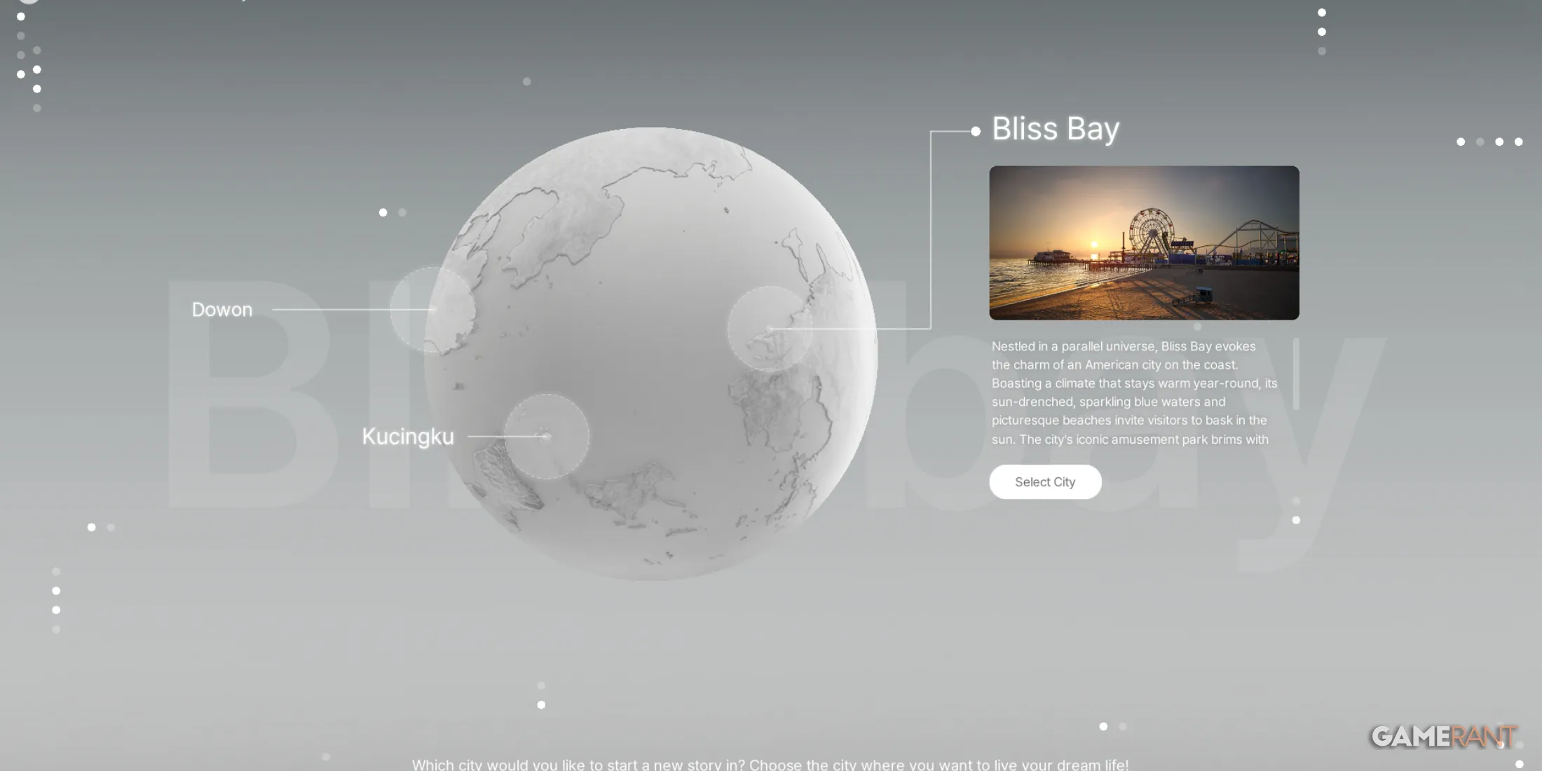 City selection screen in inZOI showing unique features and activities for each city