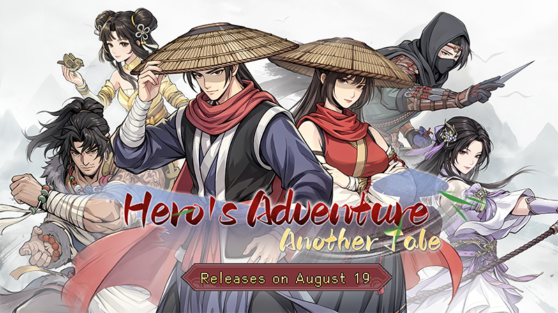 Key art showing the male and female protagonists in matching straw hats and red scarves, flanked by five illustrated companions above the game's logo and the announced August 19 date