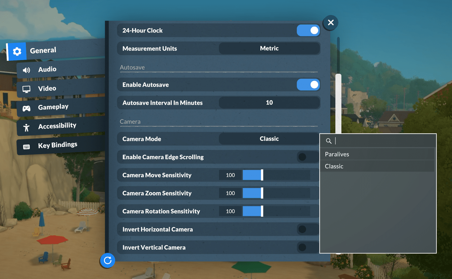 Paralives options menu General tab showing the Camera Mode setting switched to Classic, alongside camera edge scrolling, move, zoom and rotation sensitivity sliders and invert axis toggles