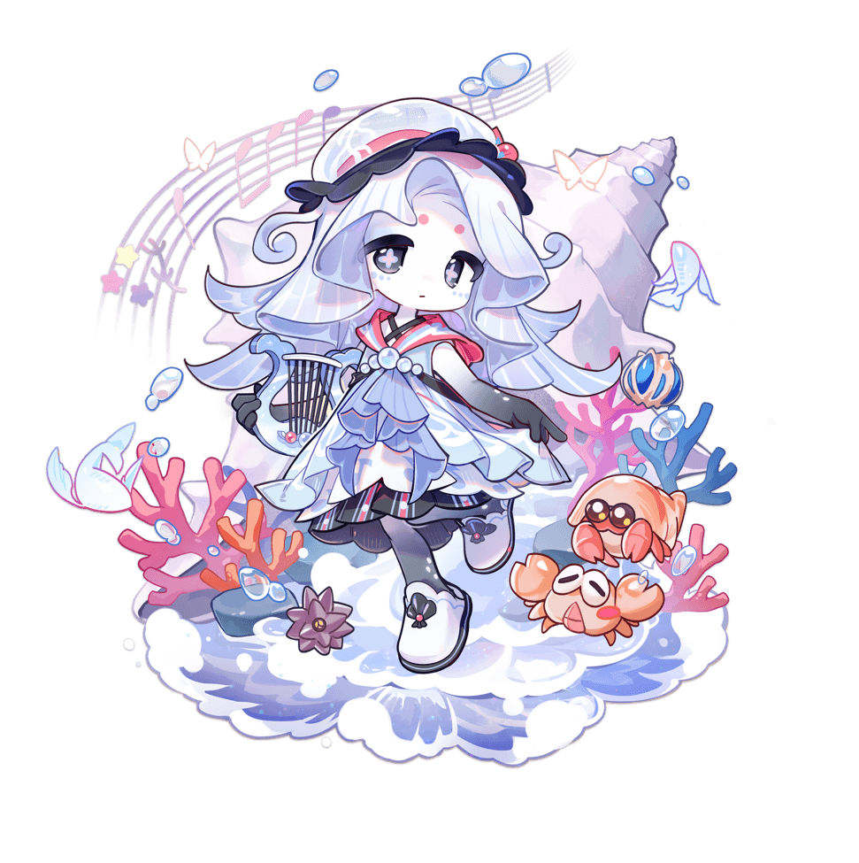Nerina, the jellyfish-like Composer Neighbor, holding her lyre among coral and bubbles