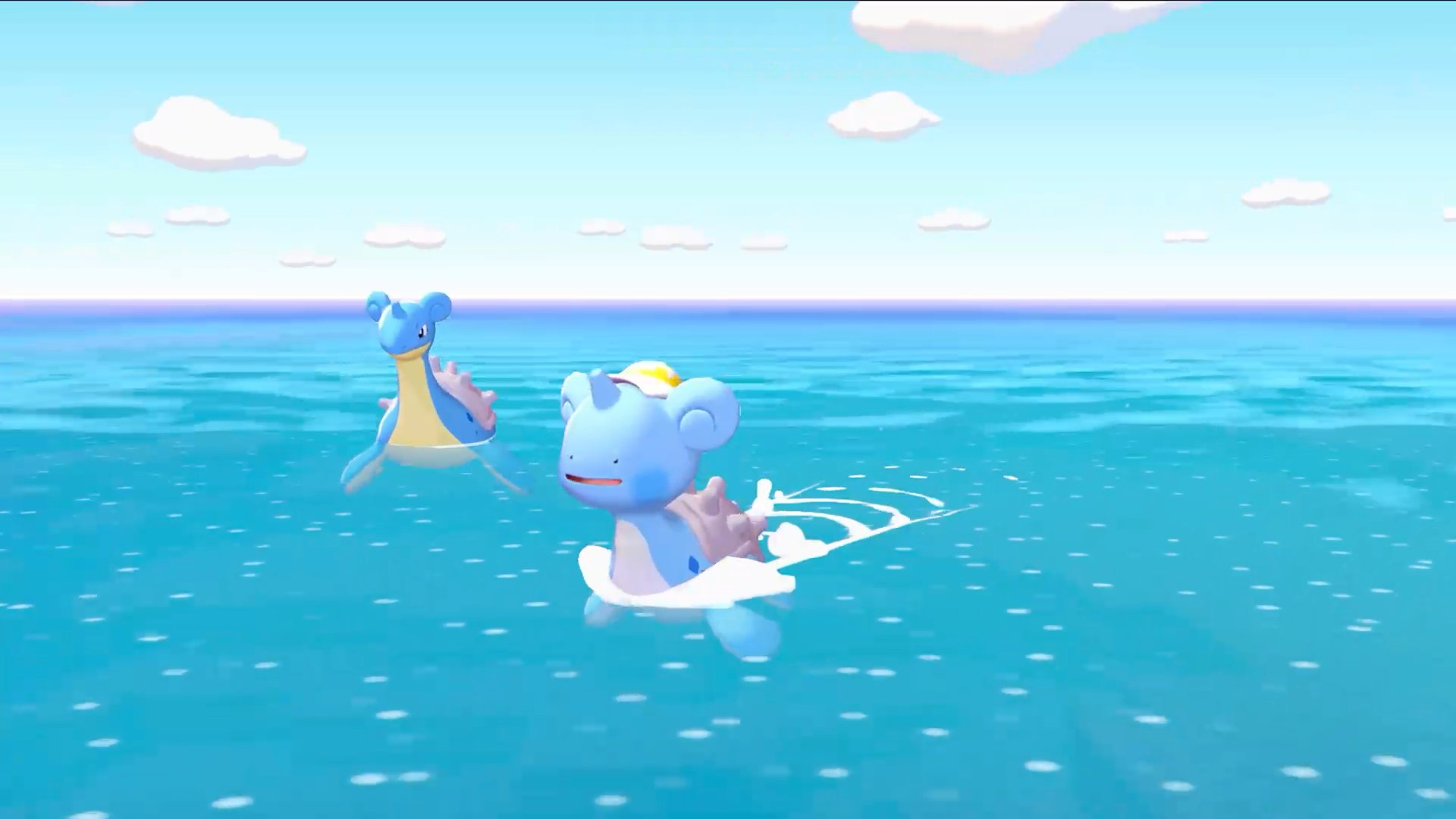 A player riding Lapras across the ocean to travel between islands using the Surf ability