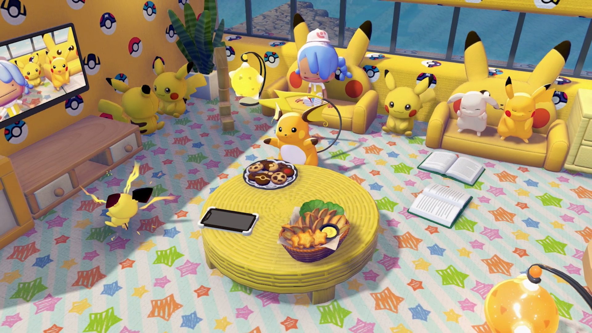 A Pikachu-themed room with multiple Pikachu on couches, Pokeball wallpaper, snacks on a table, and a TV in Palette Town