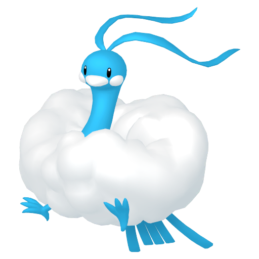 Altaria sprite from Pokemon Pokopia showing the Humming Pokemon with Fly and Litter specialties