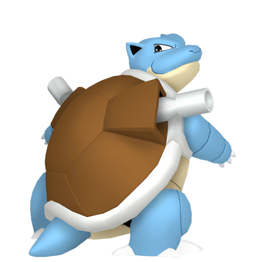 Blastoise sprite from Pokemon Pokopia showing the Shellfish Pokemon with Water and Trade specialties