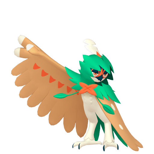 Decidueye sprite from Pokemon Pokopia showing the Arrow Quill Pokemon with Chop and Grow specialties