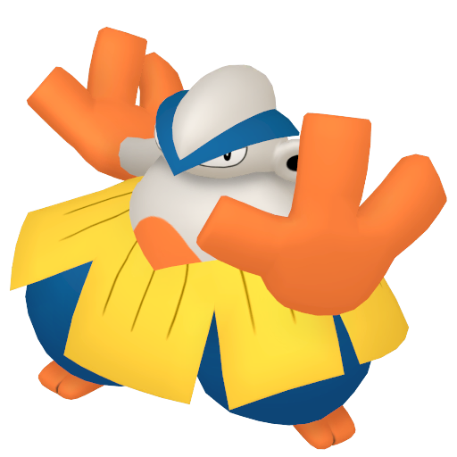 Hariyama sprite from Pokemon Pokopia showing the Arm Thrust Pokemon with Build and Bulldoze specialties