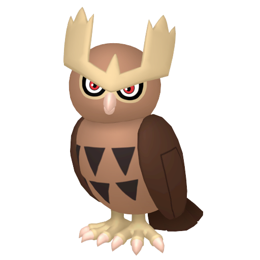 Noctowl sprite from Pokemon Pokopia showing the Owl Pokemon with Fly and Trade specialties