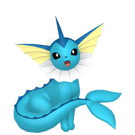 Vaporeon sprite from Pokemon Pokopia showing the Bubble Jet Pokemon with Water specialty