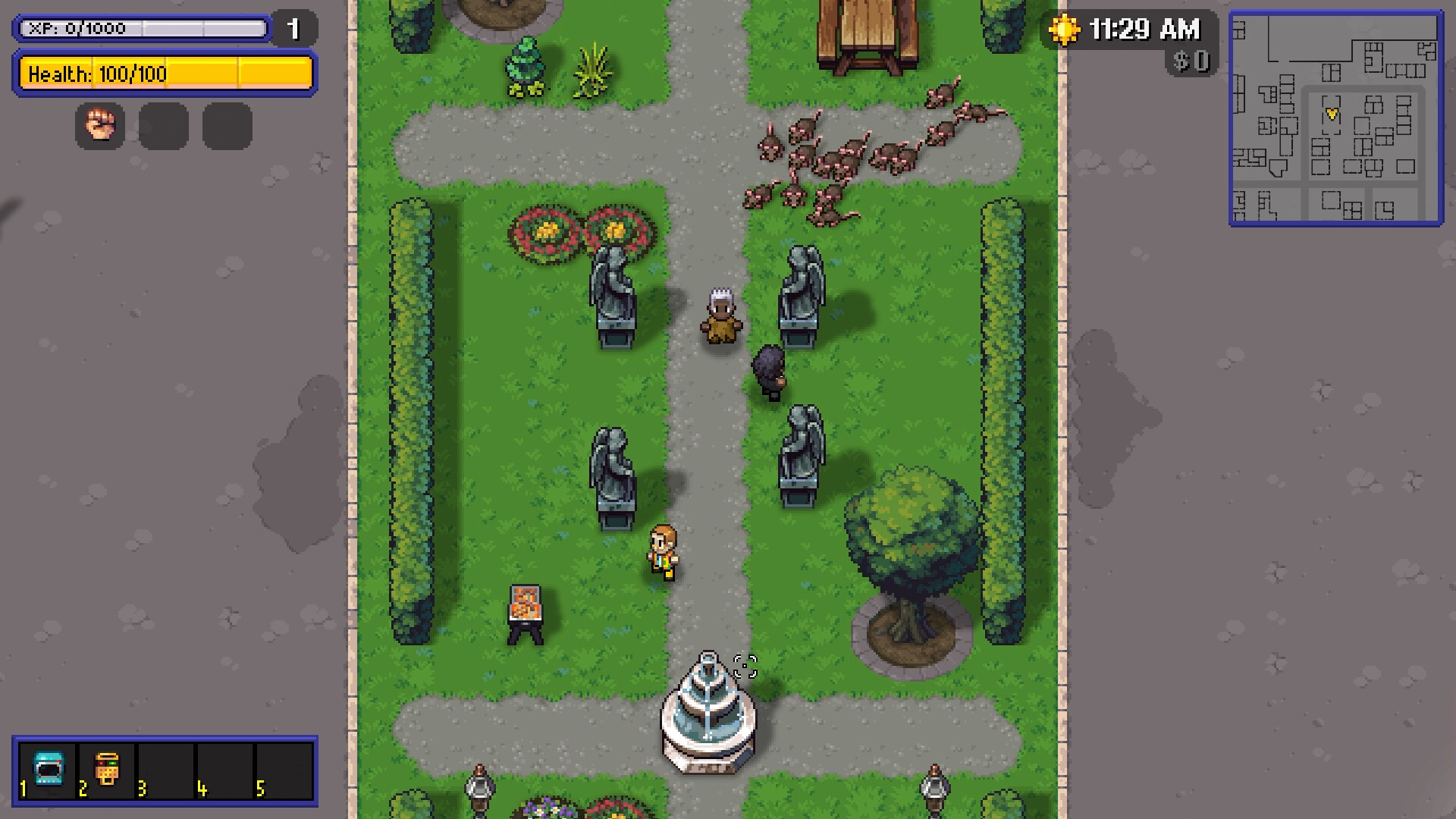 A swarm of rats crosses a landscaped city park past statues and a fountain in Streets of Rogue 2