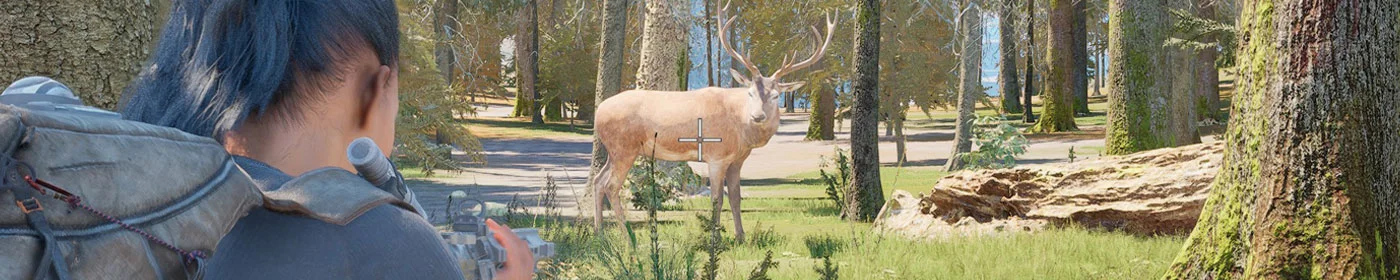 A survivor with a heavy pack lines up a rifle shot on a stag standing in a sunlit pine forest in Rooted, an aiming reticle over the animal's flank.