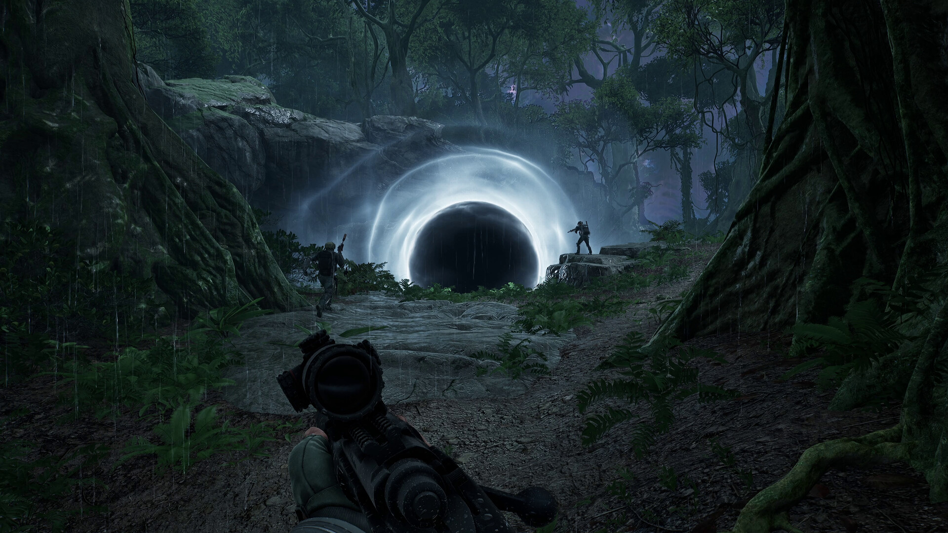 A dark circular portal ringed with light standing in a rain-soaked jungle, with two Contractors approaching it