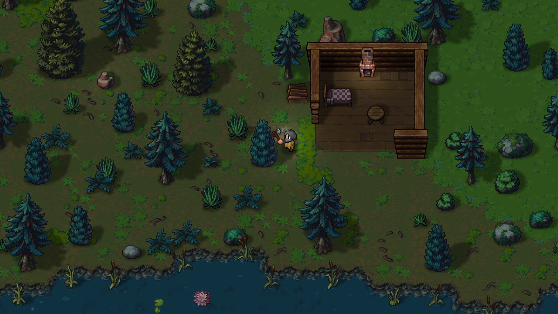 A player character swings an axe at a pine tree in a dense Streets of Rogue 2 forest, beside a small wooden lean-to holding a fireplace, a bed and a table, with stacked logs outside and a lake below