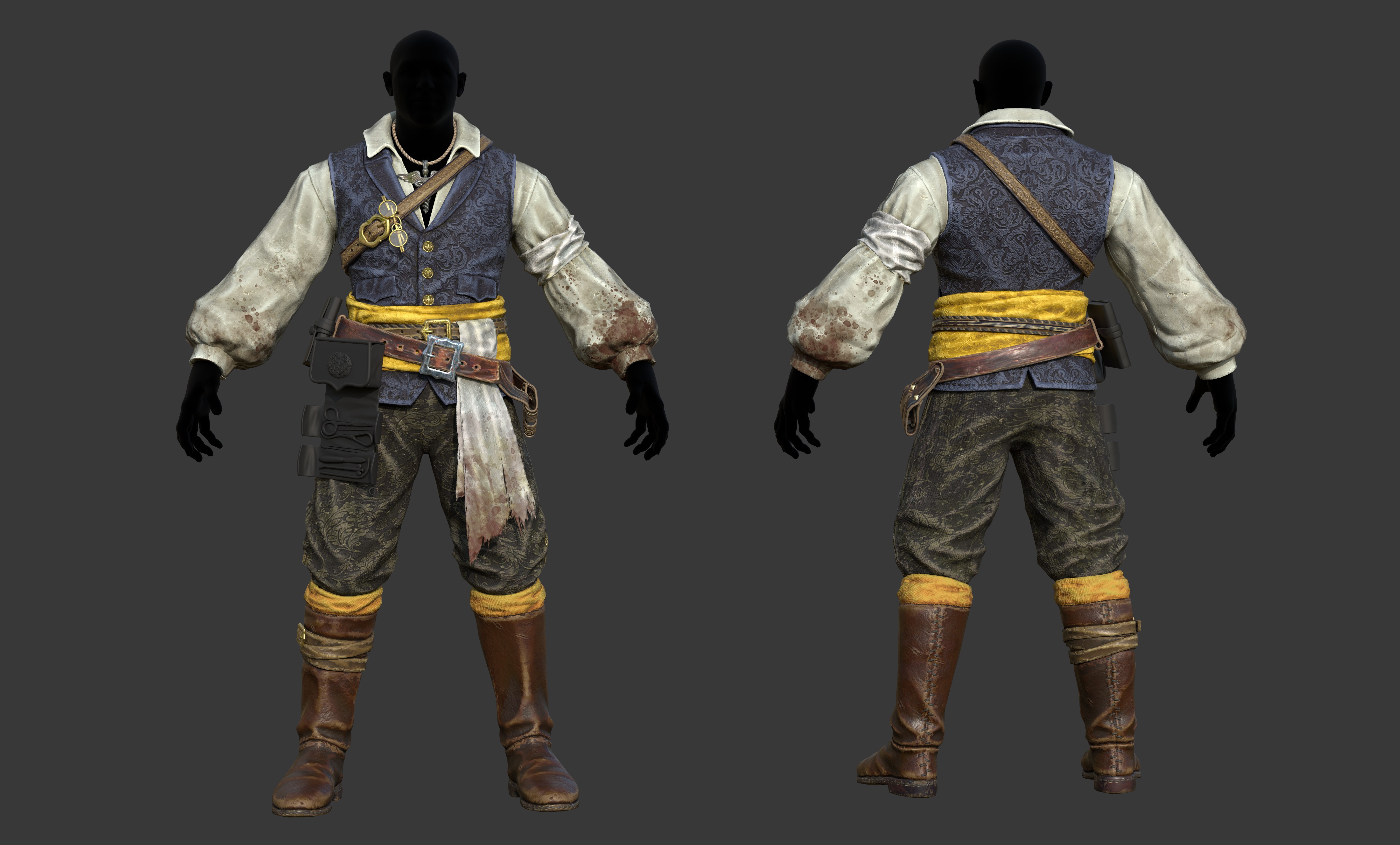 Work-in-progress NPC armor set shown during Ashlands development, viewed front and back