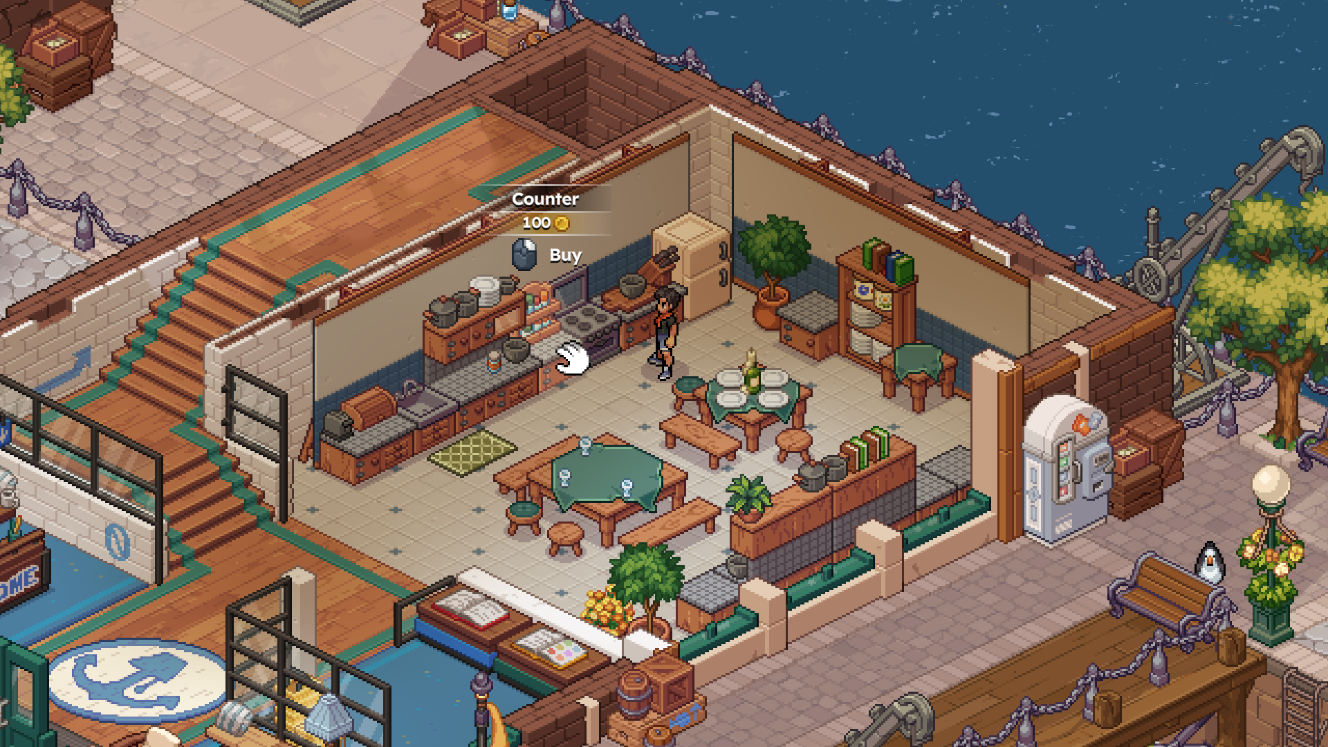 The furniture showroom floor, with a kitchen, dining table and shelving laid out for sale beside the water; a purchase tooltip prices the highlighted Counter at 100 coins with a Buy prompt
