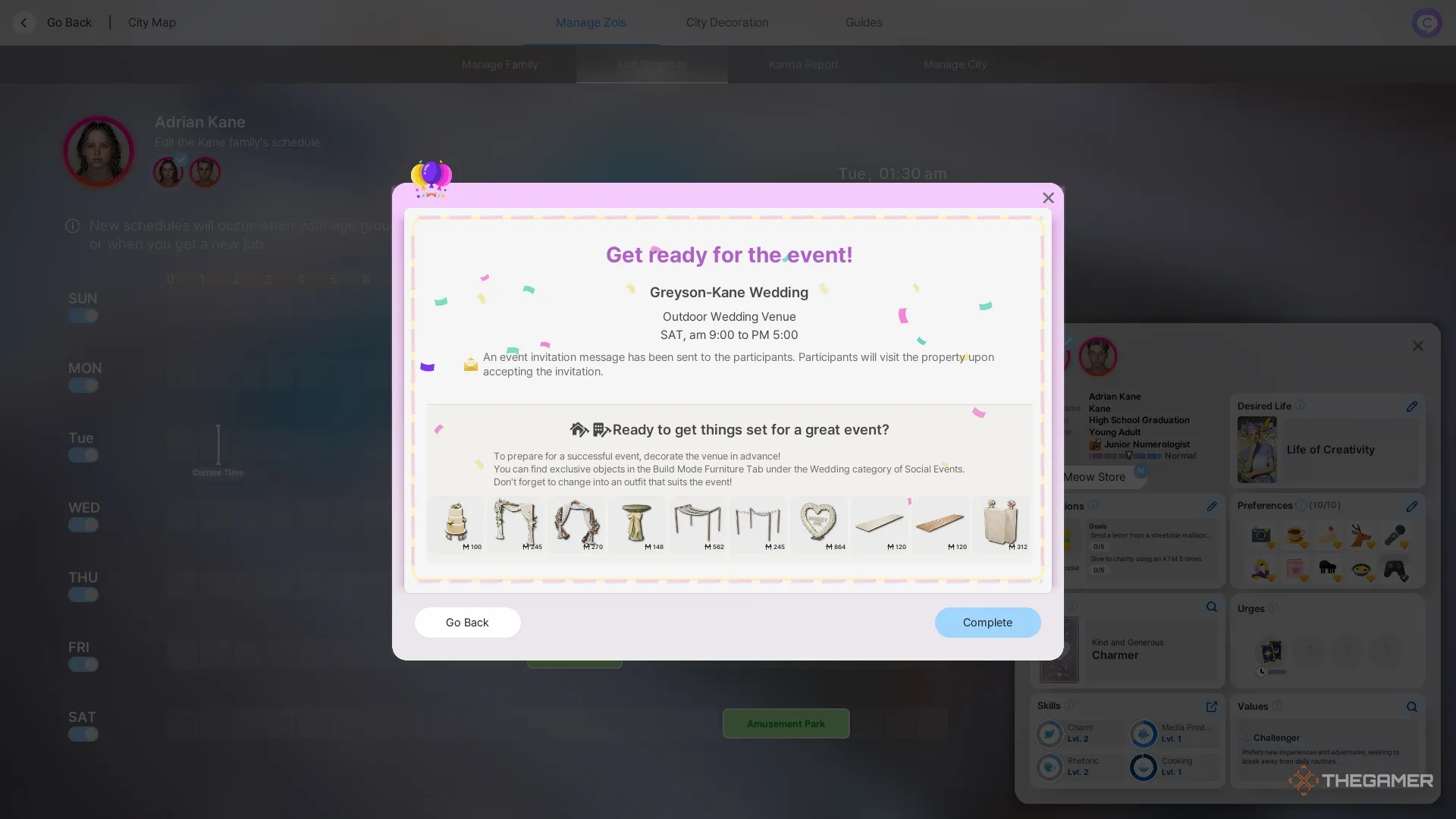 Wedding planning save-the-date card and decoration UI in inZOI
