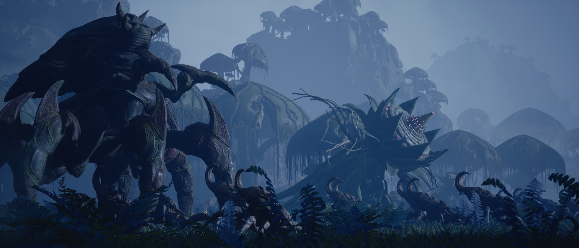 Towering clawed Grell creatures and a spined plant-like organism standing in mist among alien canopy growths