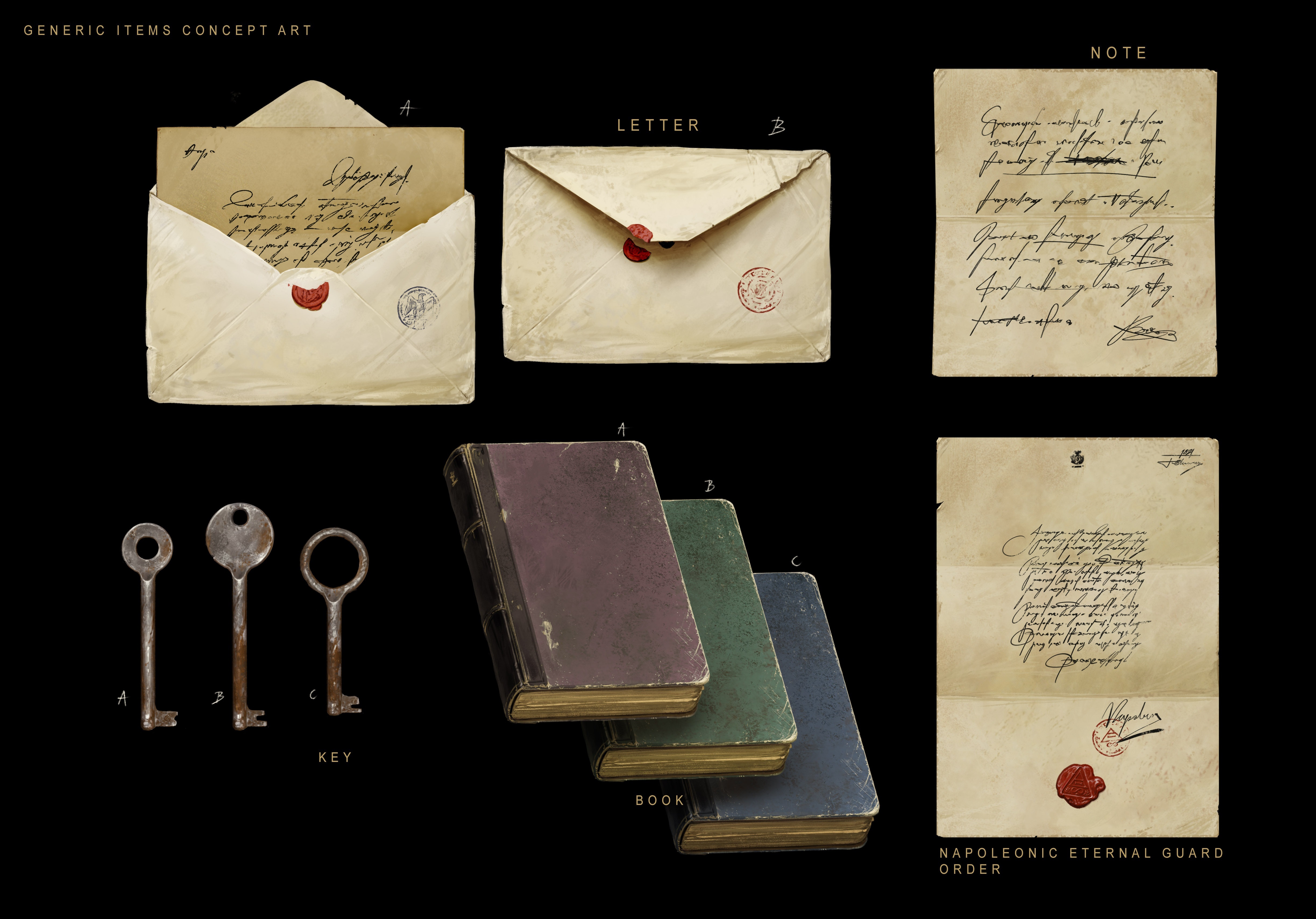 Official concept art of world items including sealed letters, a handwritten note, three keys, three books, and a Napoleonic Eternal Guard order stamped with a red wax seal