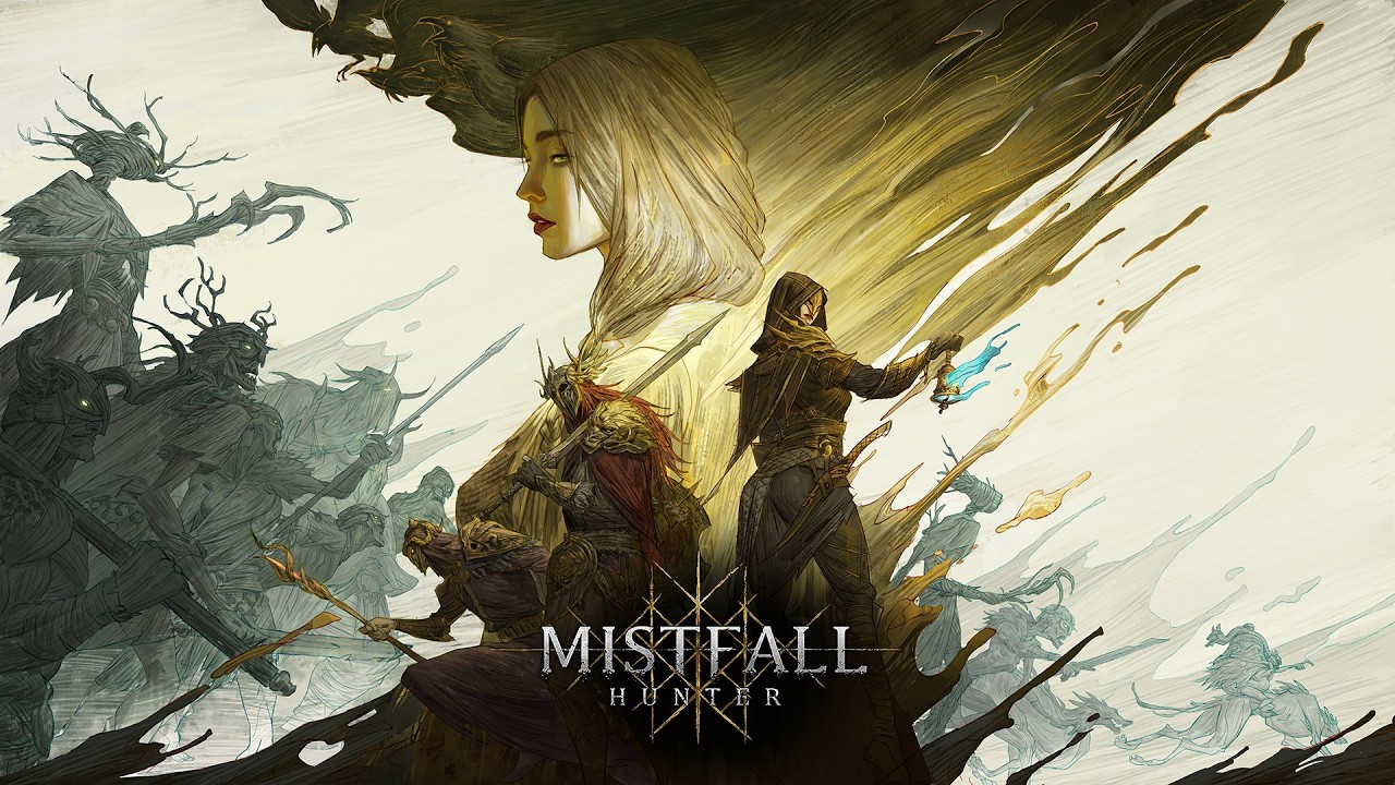 Official key art fronting the Art and Sound behind-the-scenes feature: a pale-haired woman in white and gold at the centre, a hooded hunter holding a glowing blue lantern and an armoured warrior at her side, with grey silhouettes of antlered, twisted creatures massing on the left